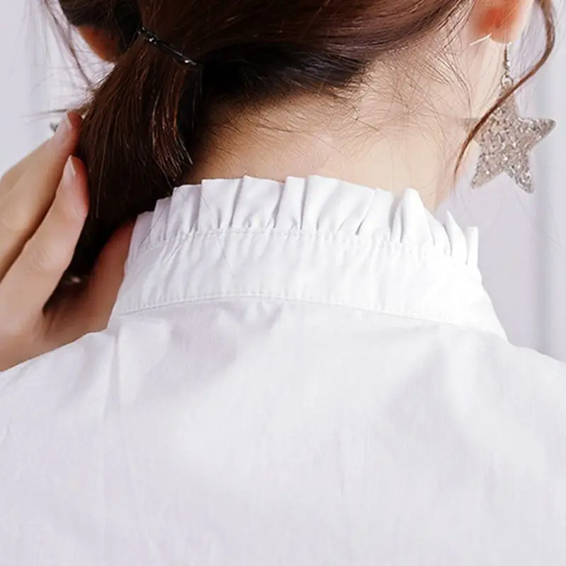 Womens Elegant Wrinkled Ruffles Fake Stand Collar Basic Layering Pure White Sweater Accessory Autumn Detachable Half-Shirt Blous