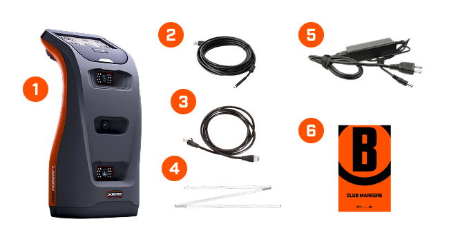 Image of a device and accessories, numbered for identification.