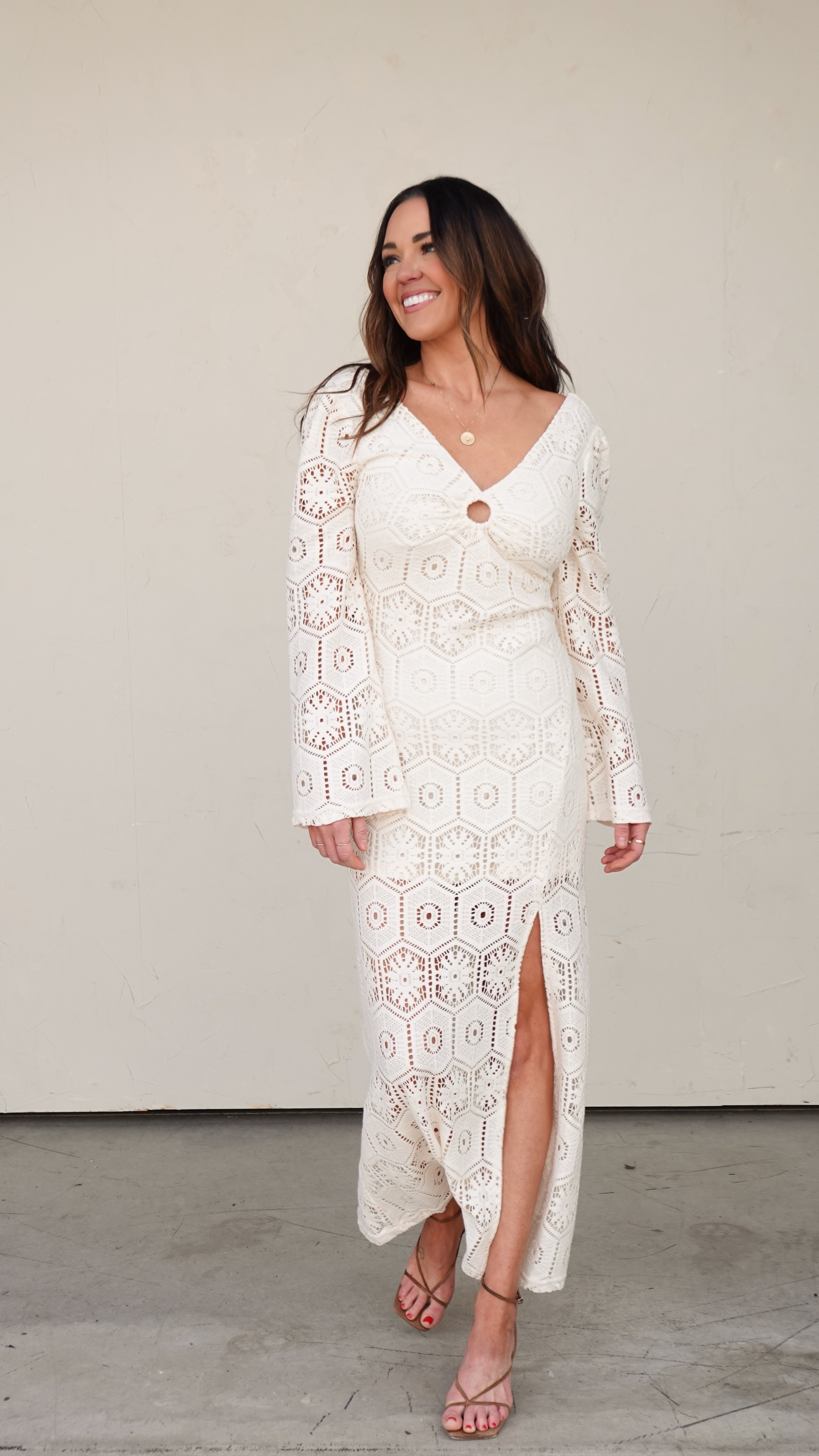 Ivory Crochet Long-Sleeve Maxi Dress | Elegant Women's Fashion by coolavocek
