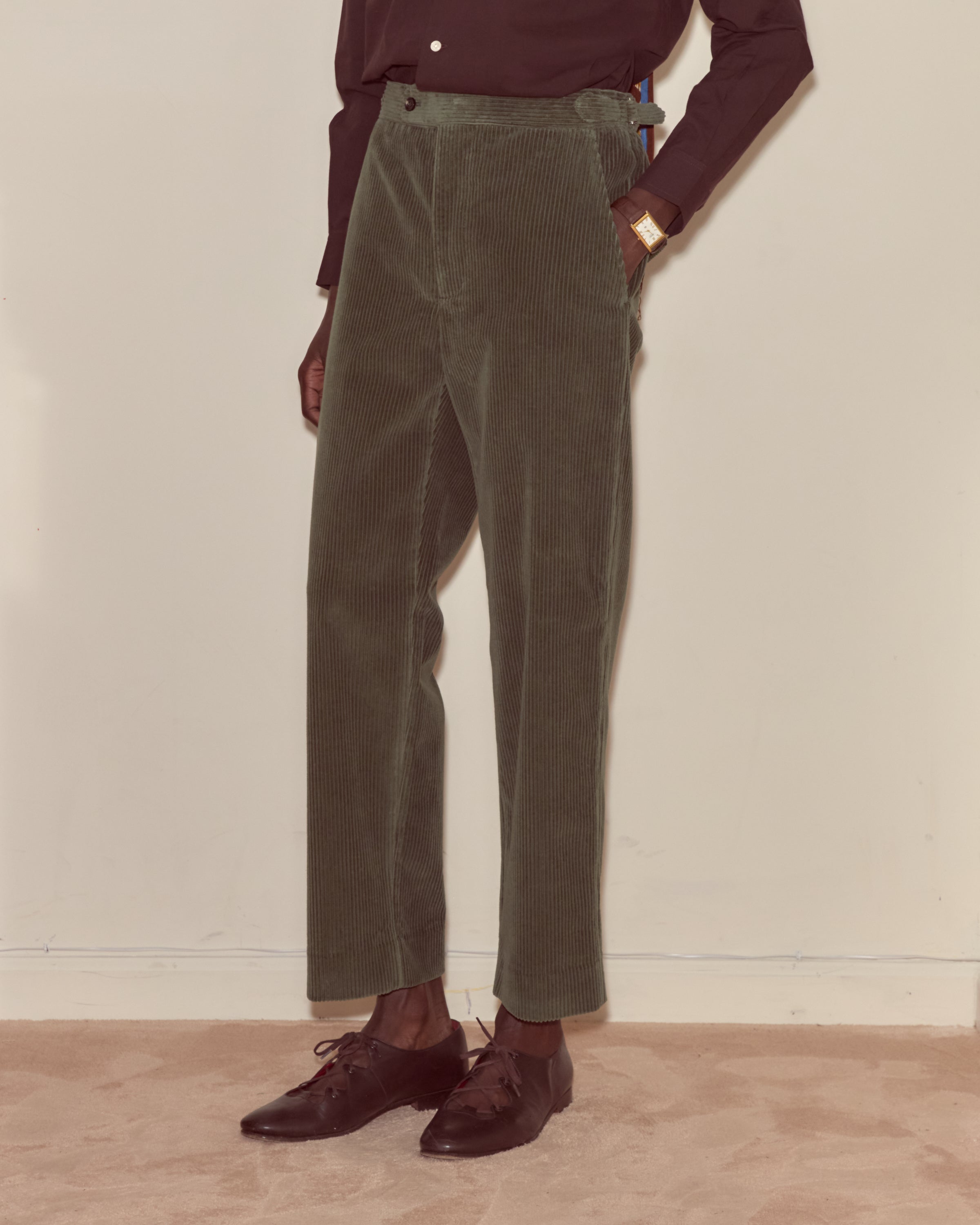 Corduroy Side-Buckle Trousers - Green | Modern Menswear by yycbvcnbmmnbm