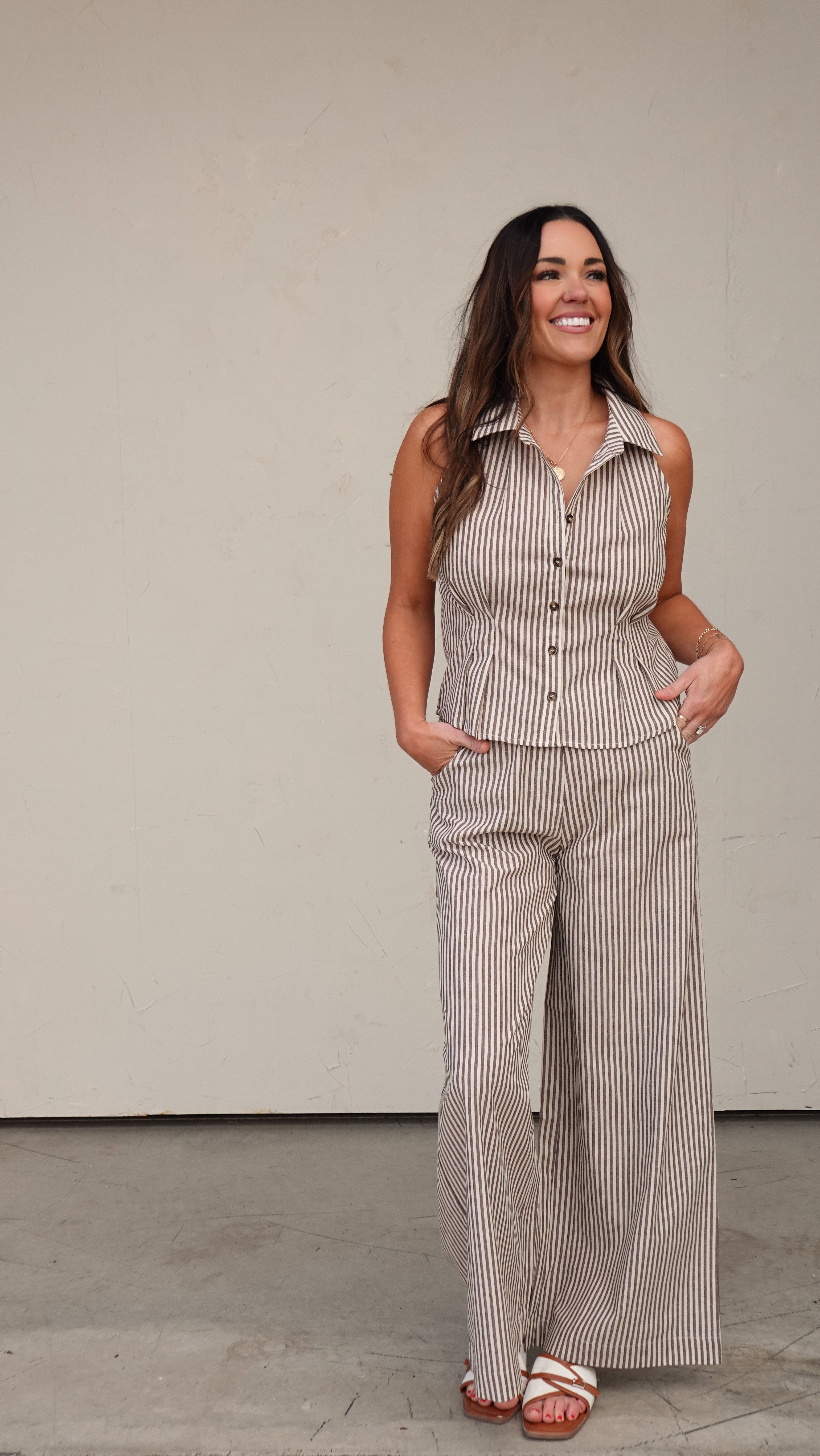 Brown Striped Sleeveless Button-Down | Elegant Women's Fashion by coolavocek