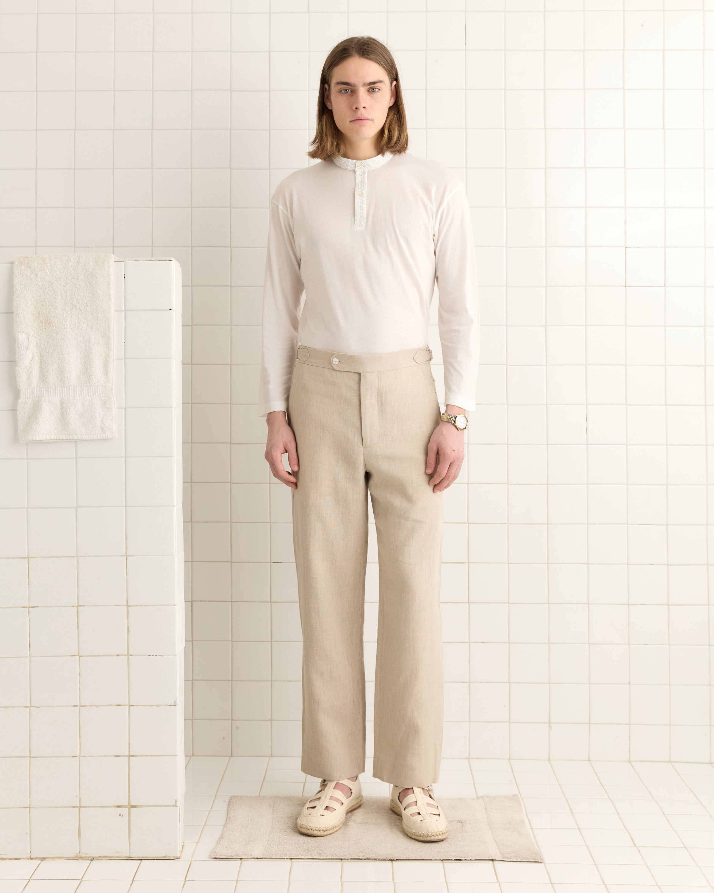 Lightweight Linen Side-Buckle Trousers - Wheat | Modern Menswear by yycbvcnbmmnbm