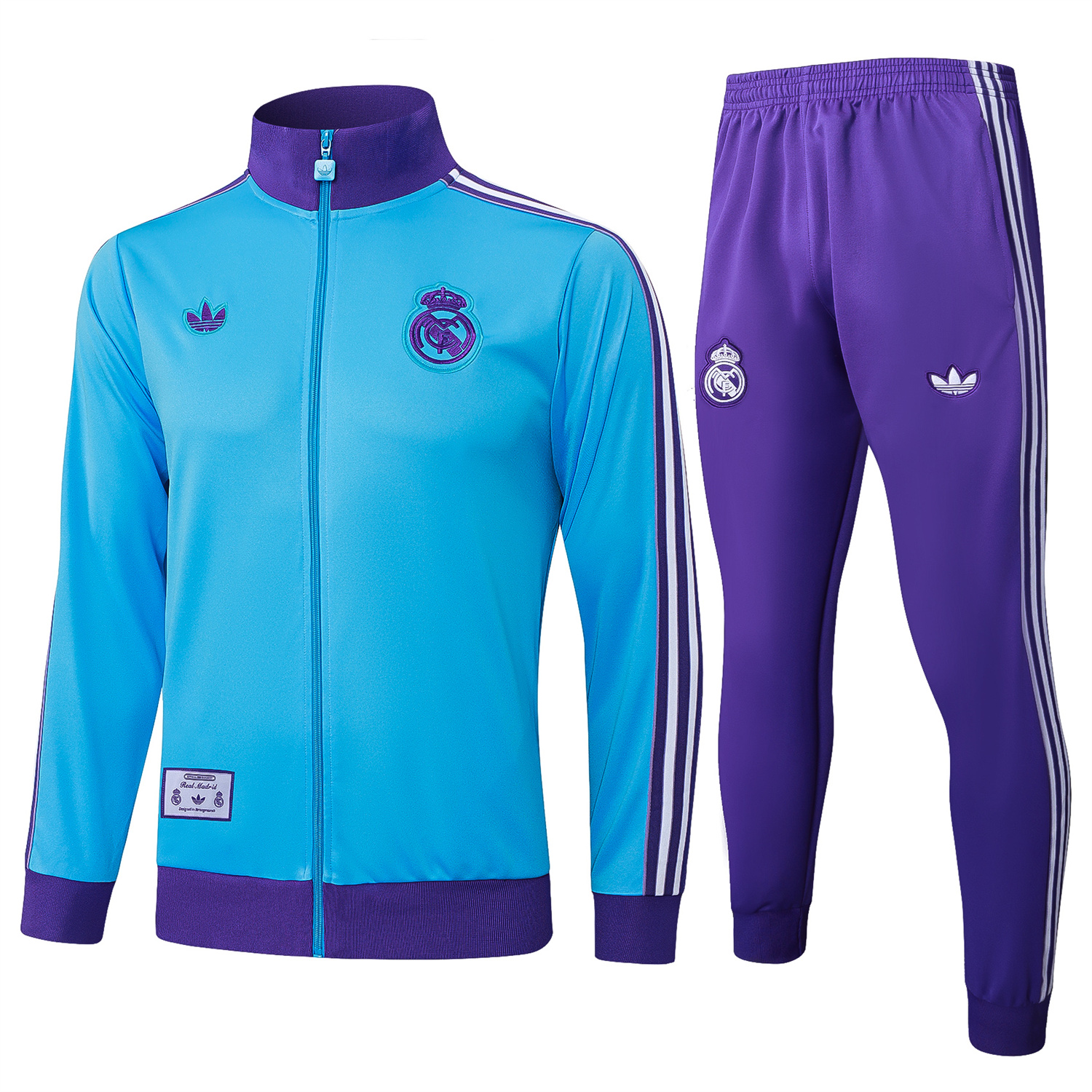 AlphaJersey-Real Madrid 25-26 Throwback Trefoil Jacket Training Tracksuit - Blue Jackets & Purple Pants