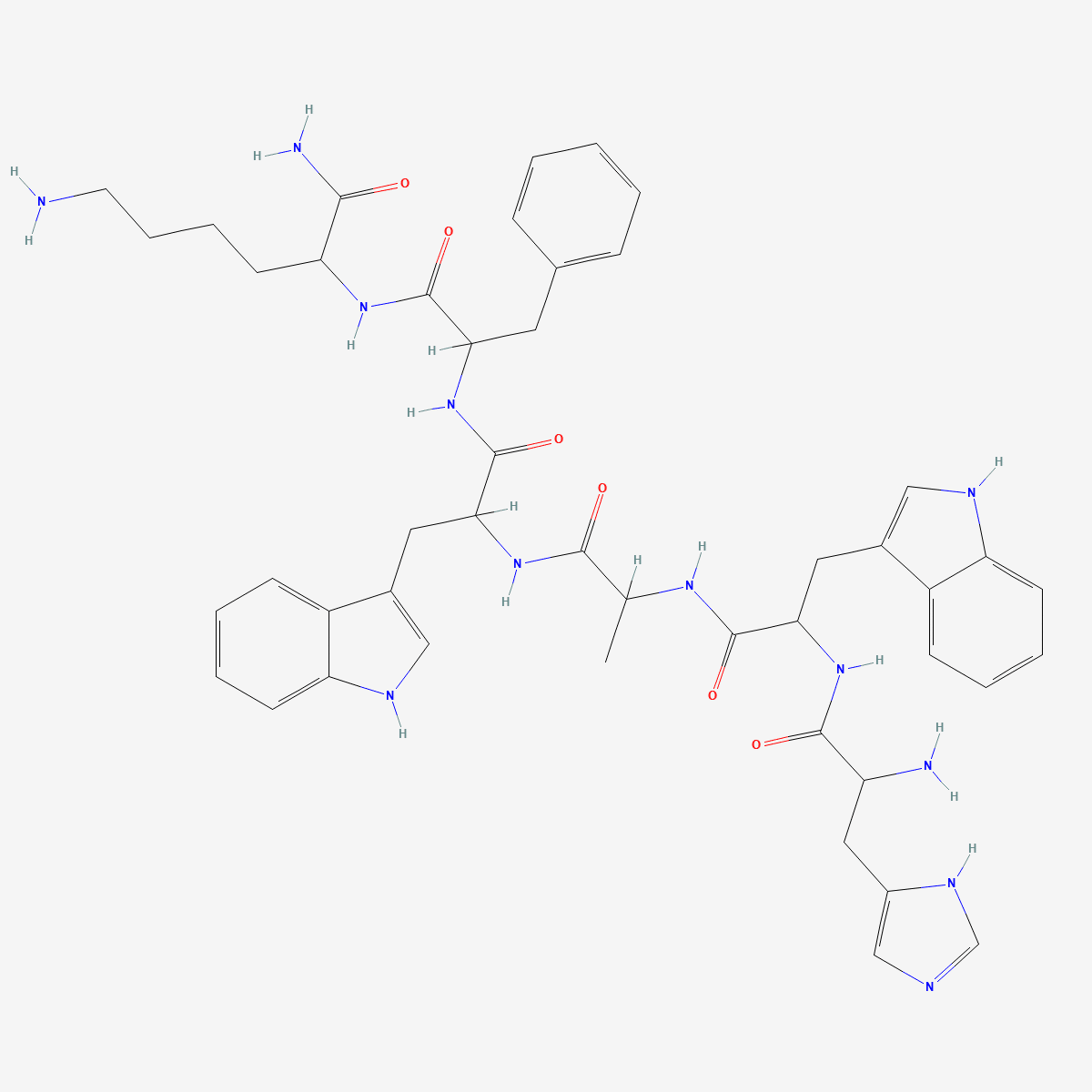 Molecular structure of GHPR-6 (Growth Hormone Releasing Peptide-6), a synthetic hexapeptide, illustrating its chemical composition with highlighted amino acid sequences and functional groups for research purposes.