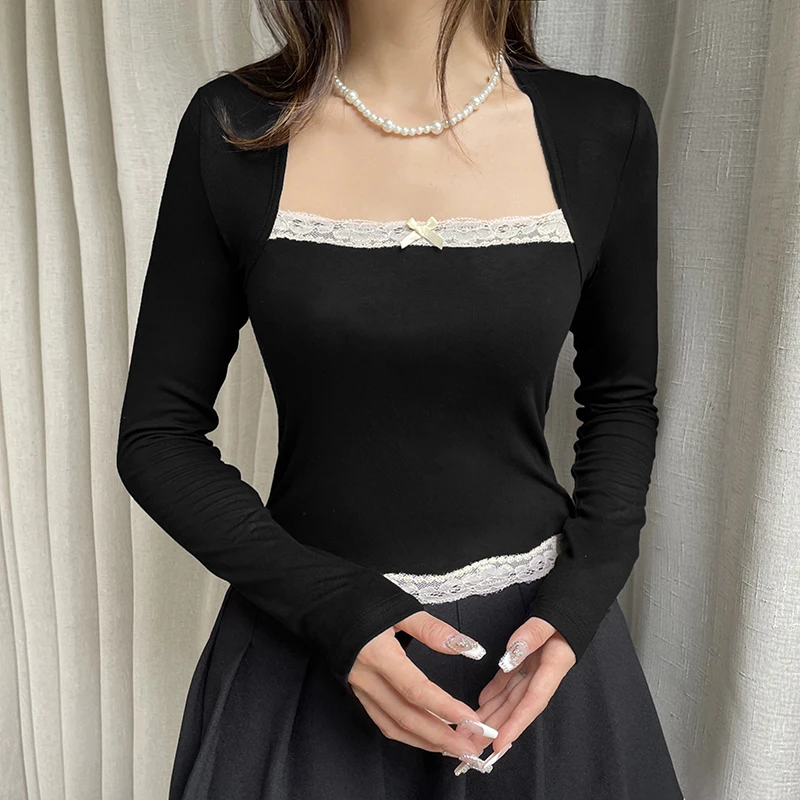 CIBBAR Sweet Lace Patchwork Knit Crop Top Vintage Cute Square Collar Full Sleeve Slim-fitting Black T Shirts Women Fall Harajuku