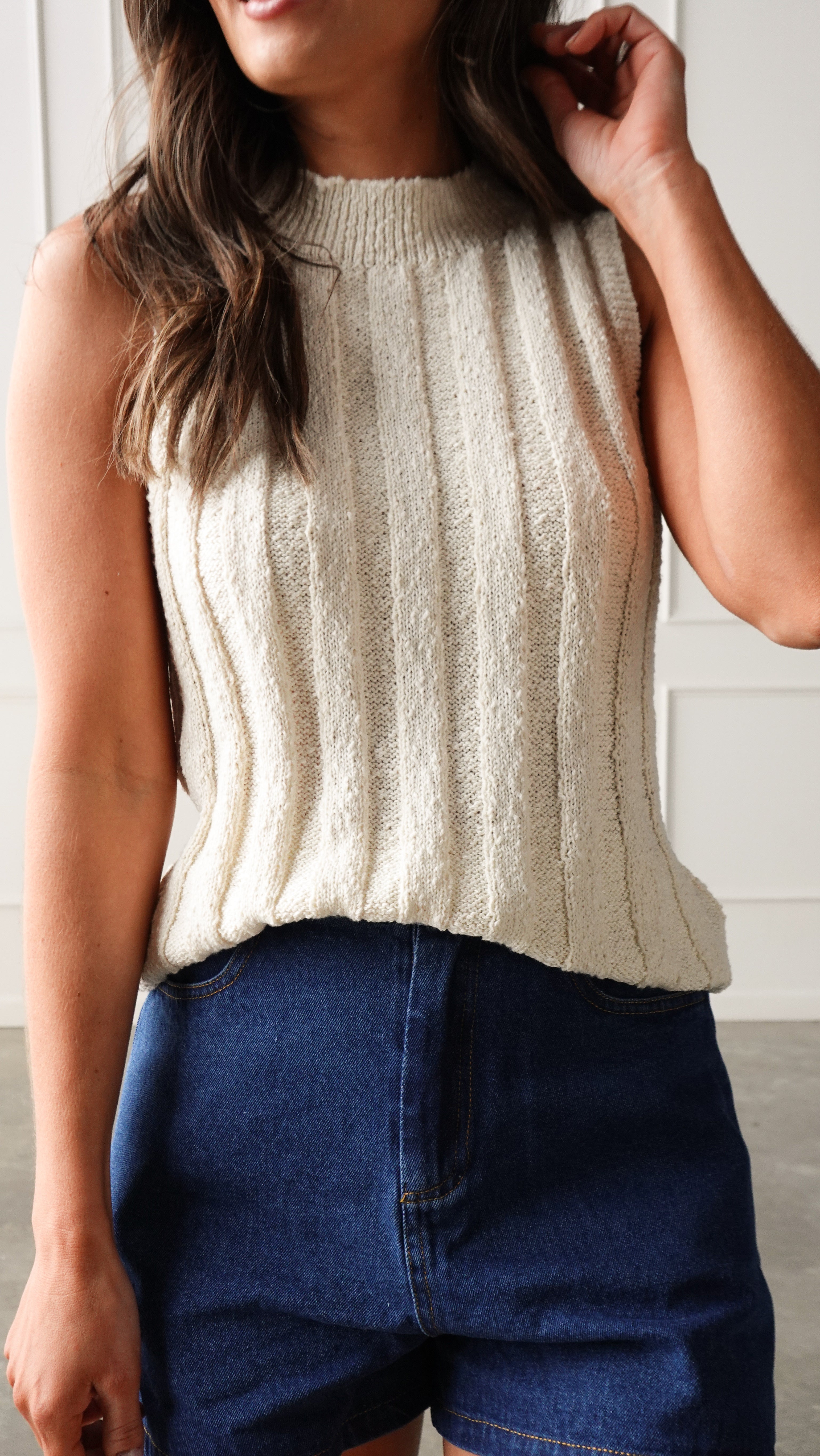 Cream Mock Neck Ribbed Knit Tank | Elegant Women's Fashion by coolavocek
