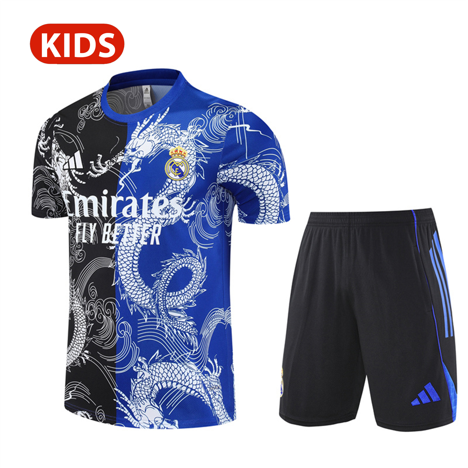 AlphaJersey-Real Madrid 25-26 Kid Short-Sleeve Training Set - Blue Black Dragon Top & Black Shorts