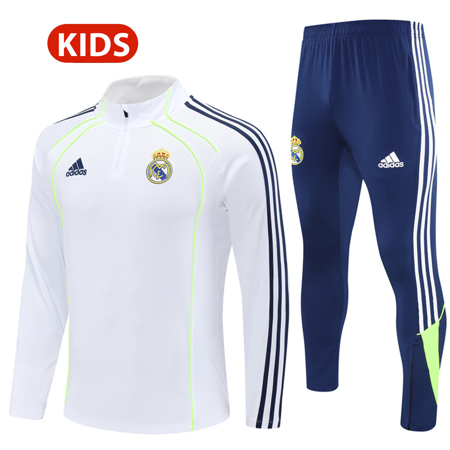 AlphaJersey-Real Madrid 25-26 Kids Long Sleeves Training Set - Green Line White Top and Blue Pants