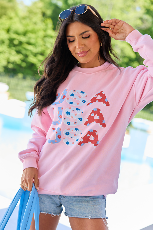 USA Floral Light Pink Oversized Graphic Sweatshirt DOORBUSTER | Elegant Women's Fashion by coolavocek