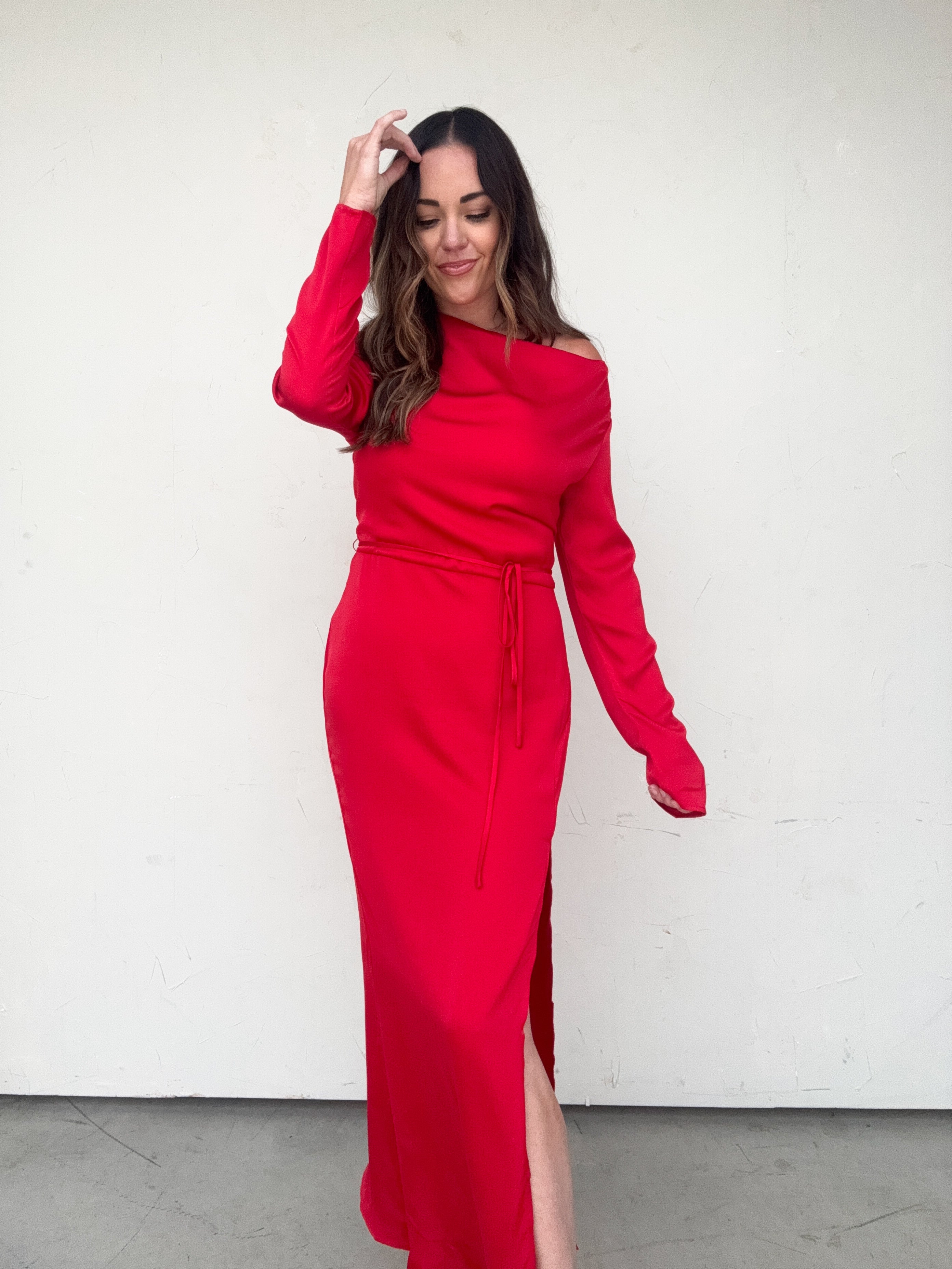 Red Long Sleeve One Shoulder Dress | Elegant Women's Fashion by coolavocek