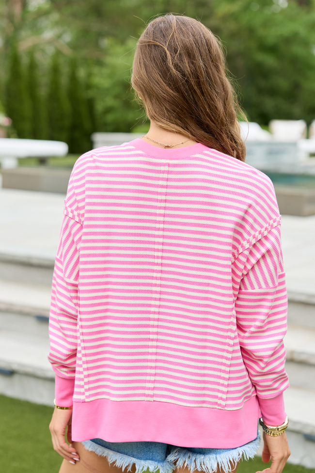 Kara Pink And White Stripe Waffle Pullover | Elegant Women's Fashion by coolavocek