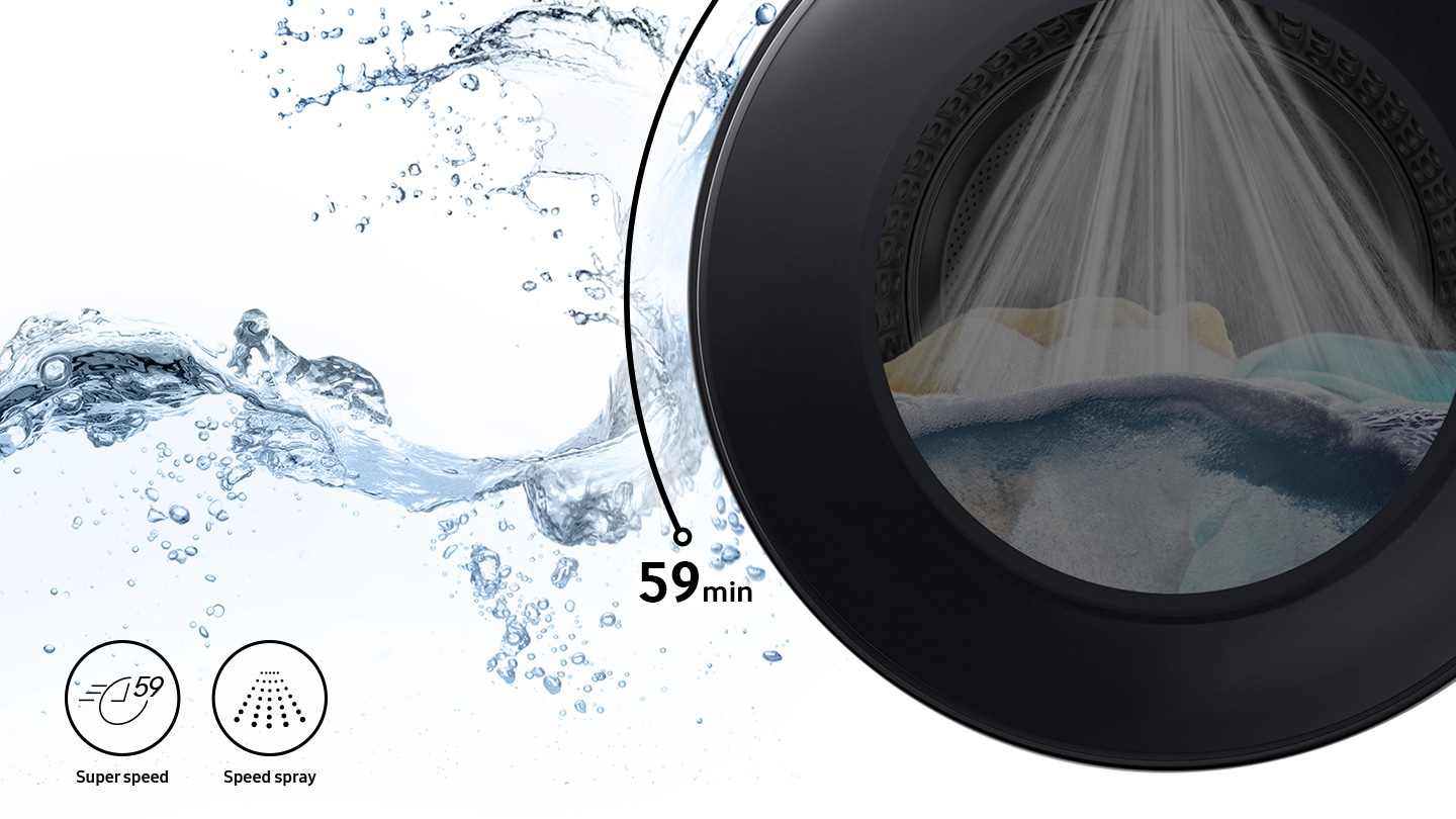 Get WD90T634DBN/SP EcoBubble™, 9Kg, Washer Dryer, 4 Ticks now. Laundry filled washer drum seen submerged in water