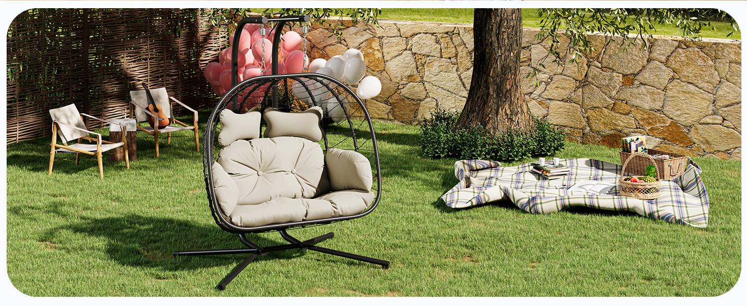 RIWENGO Double Hanging Egg Chair with Cushion, 700lbs Capacity - Foldable Patio Chair with Handwoven PE Wicker & Rust-Proof Frame, for Garden, Porch, Backyard Soft Lounge Swing Summervibes