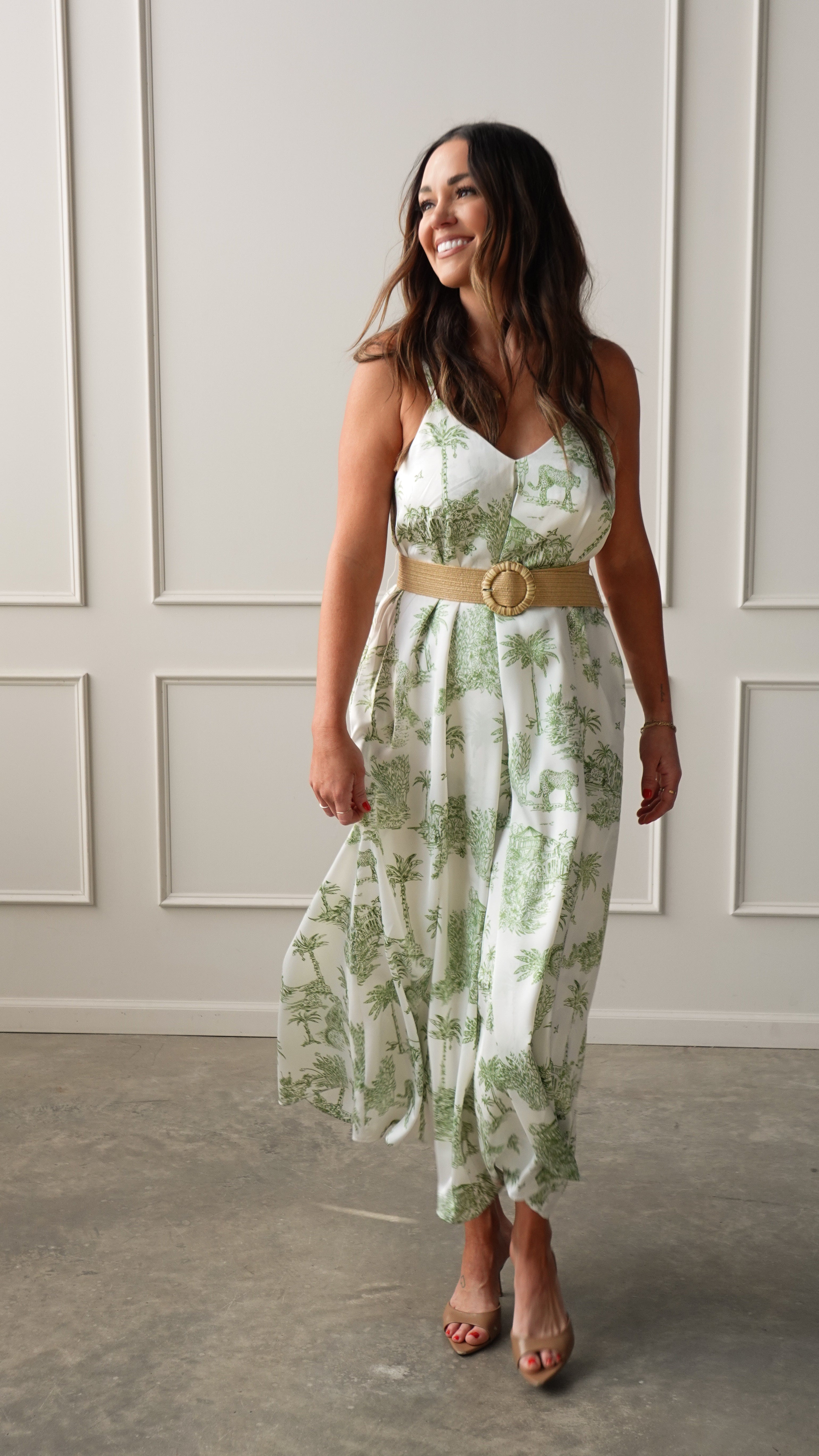 Palm Green Belted Dress | Elegant Women's Fashion by coolavocek