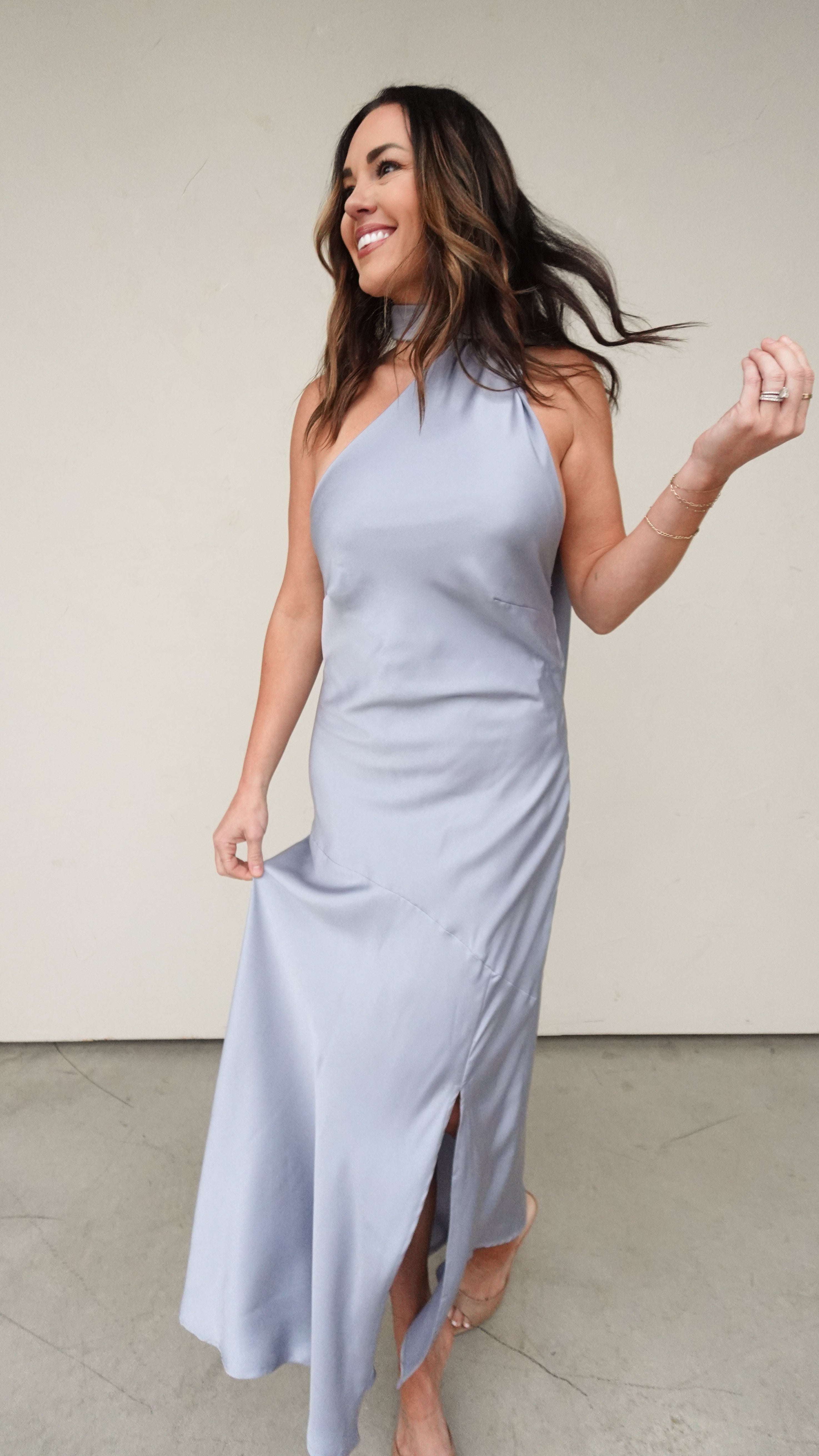 Dusty Blue Open-Back Satin Dress | Elegant Women's Fashion by coolavocek
