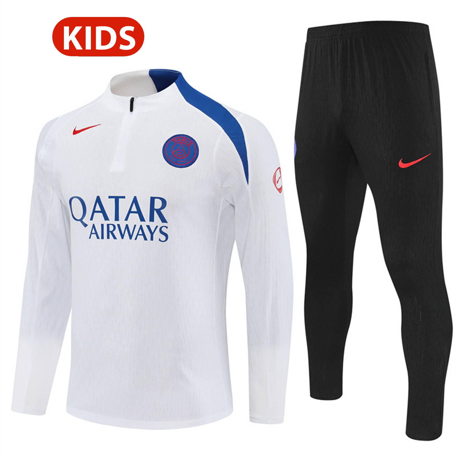 AlphaJersey-Paris Saint-Germain PSG 25-26 Kids Long Sleeve Training Set - Player Version - White Top and Black Pants