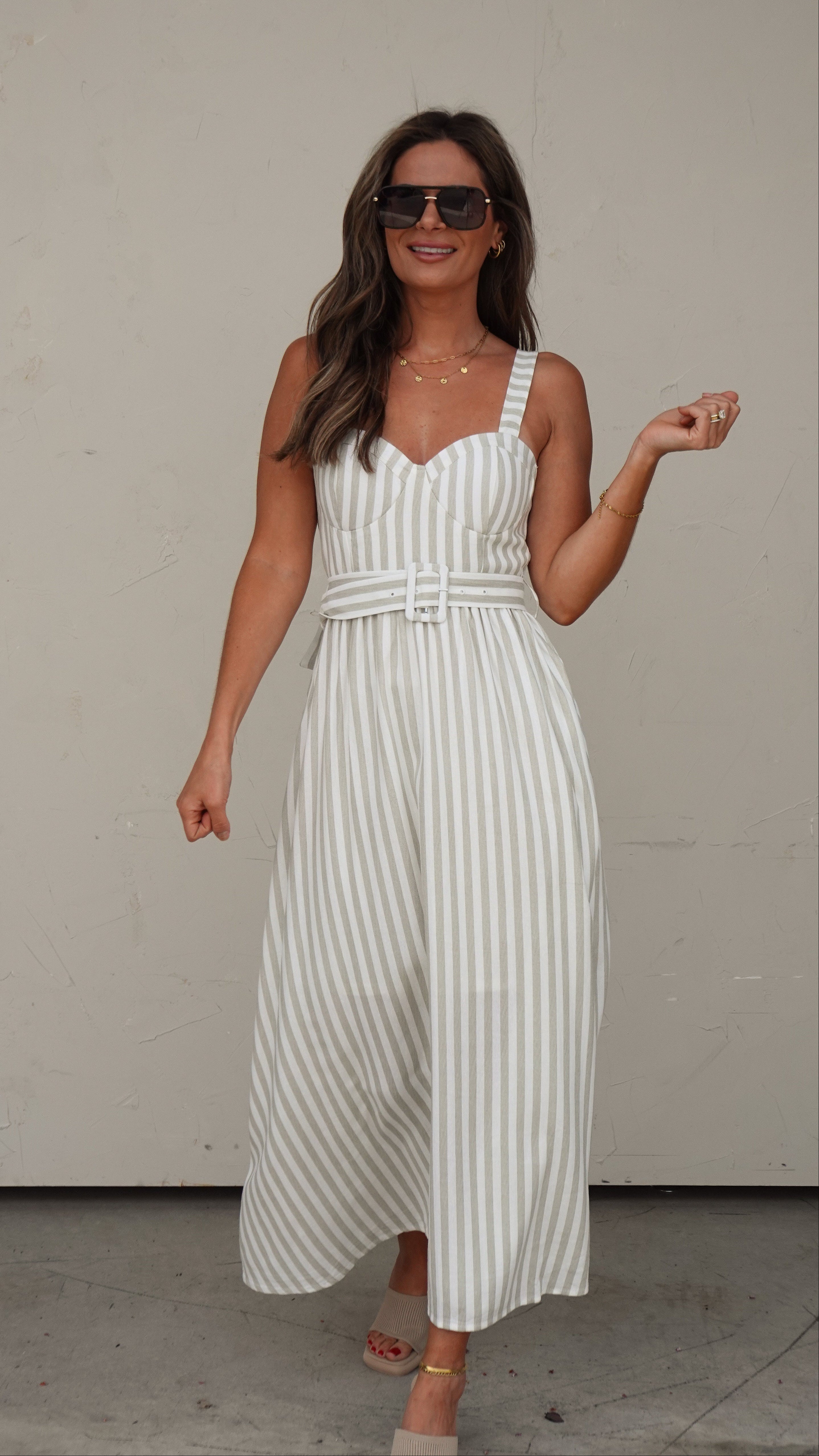 Green Stripe Belted Midi Dress | Elegant Women's Fashion by coolavocek