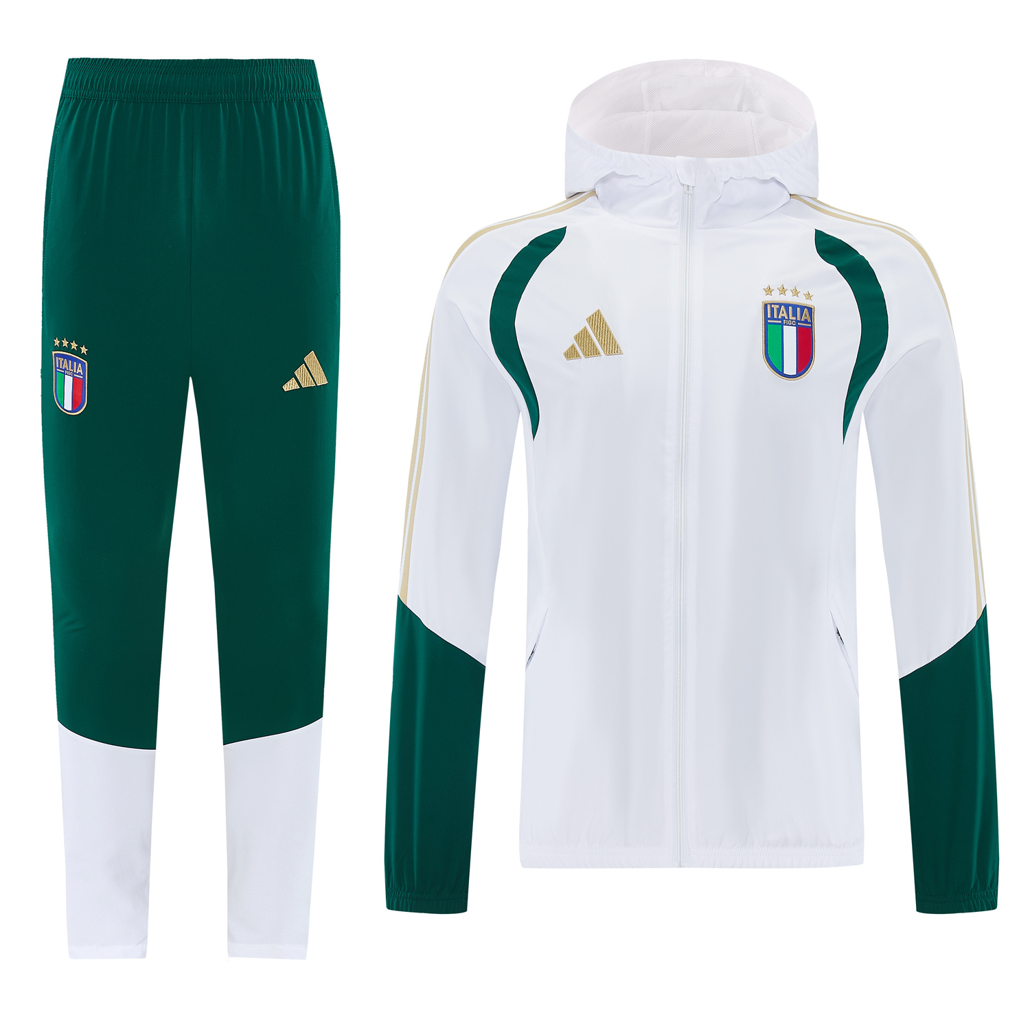 AlphaJersey-Italy 2026 Hooded Windbreaker Training Set - White Top & Green Pants