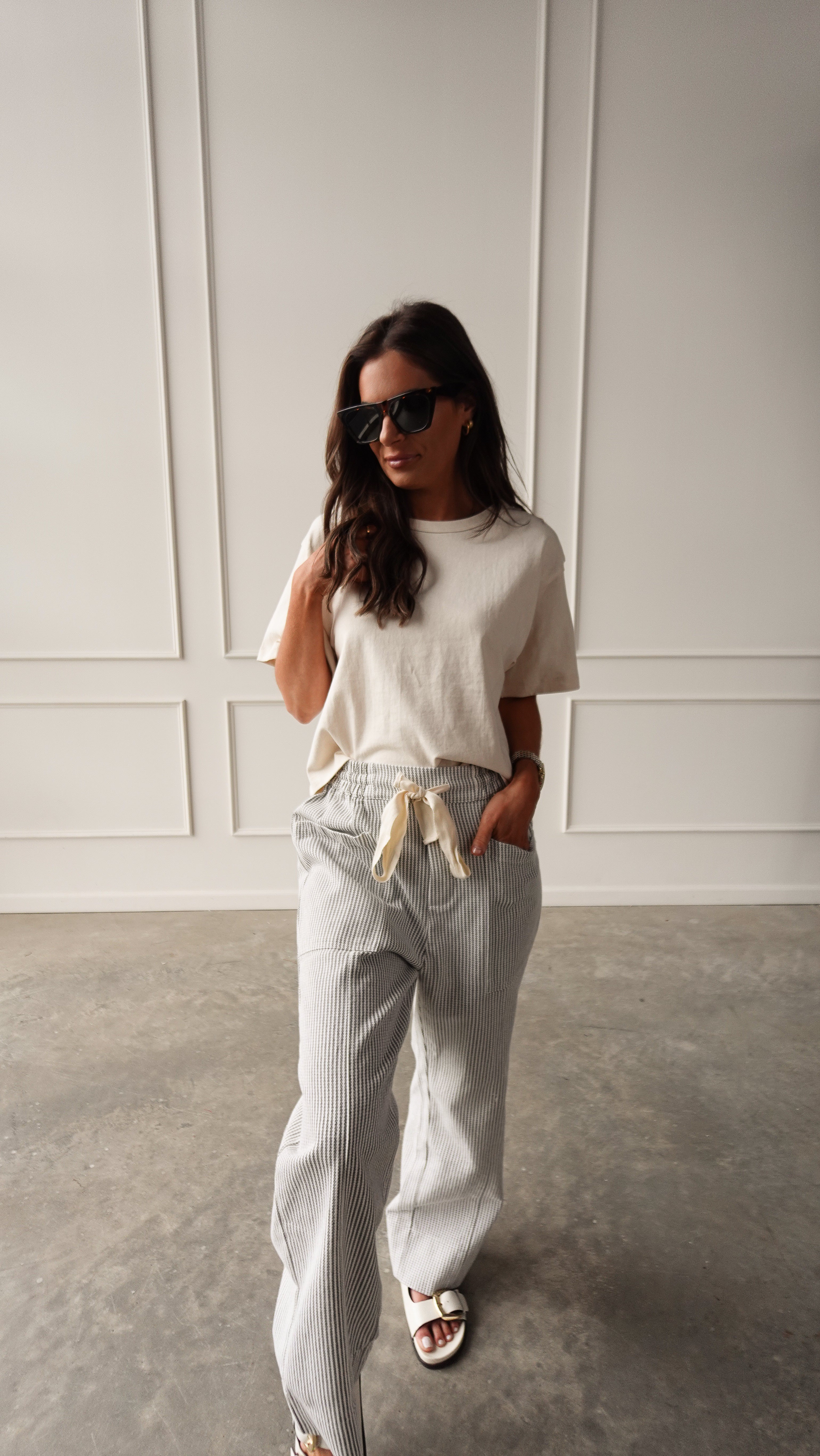 Gray Striped Drawstring Pant | Elegant Women's Fashion by coolavocek