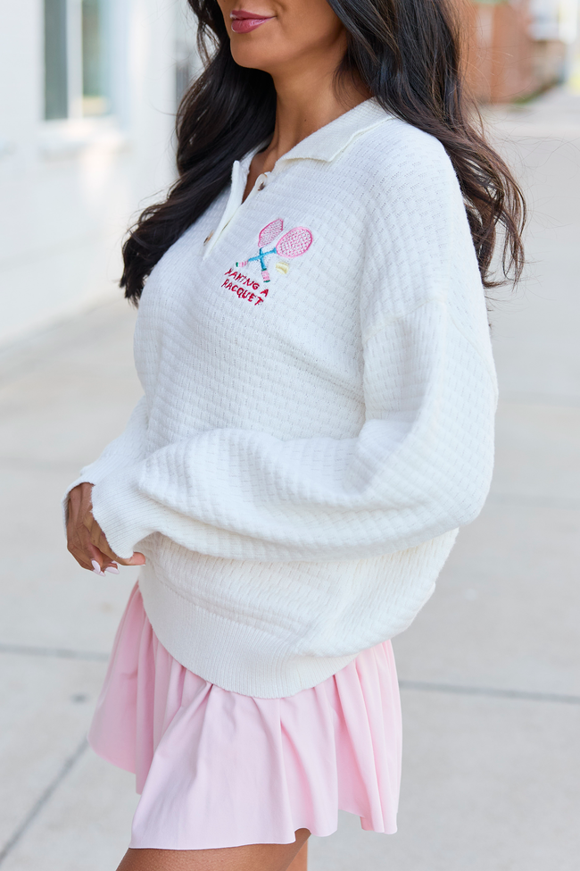 Making A Racquet Ivory Embroidered Pullover | Elegant Women's Fashion by coolavocek