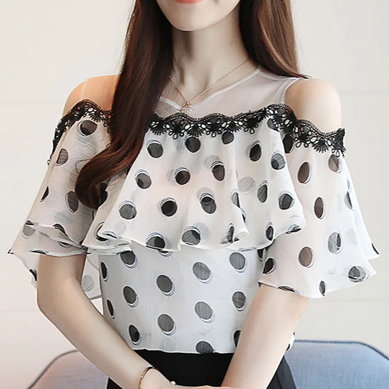 Summer Fashion Shirts Women Elegant Short Sleeve Lady Tops Sweet Polka Dot Chiffon White Blouse Casual Loose Clothes Blusas 0611