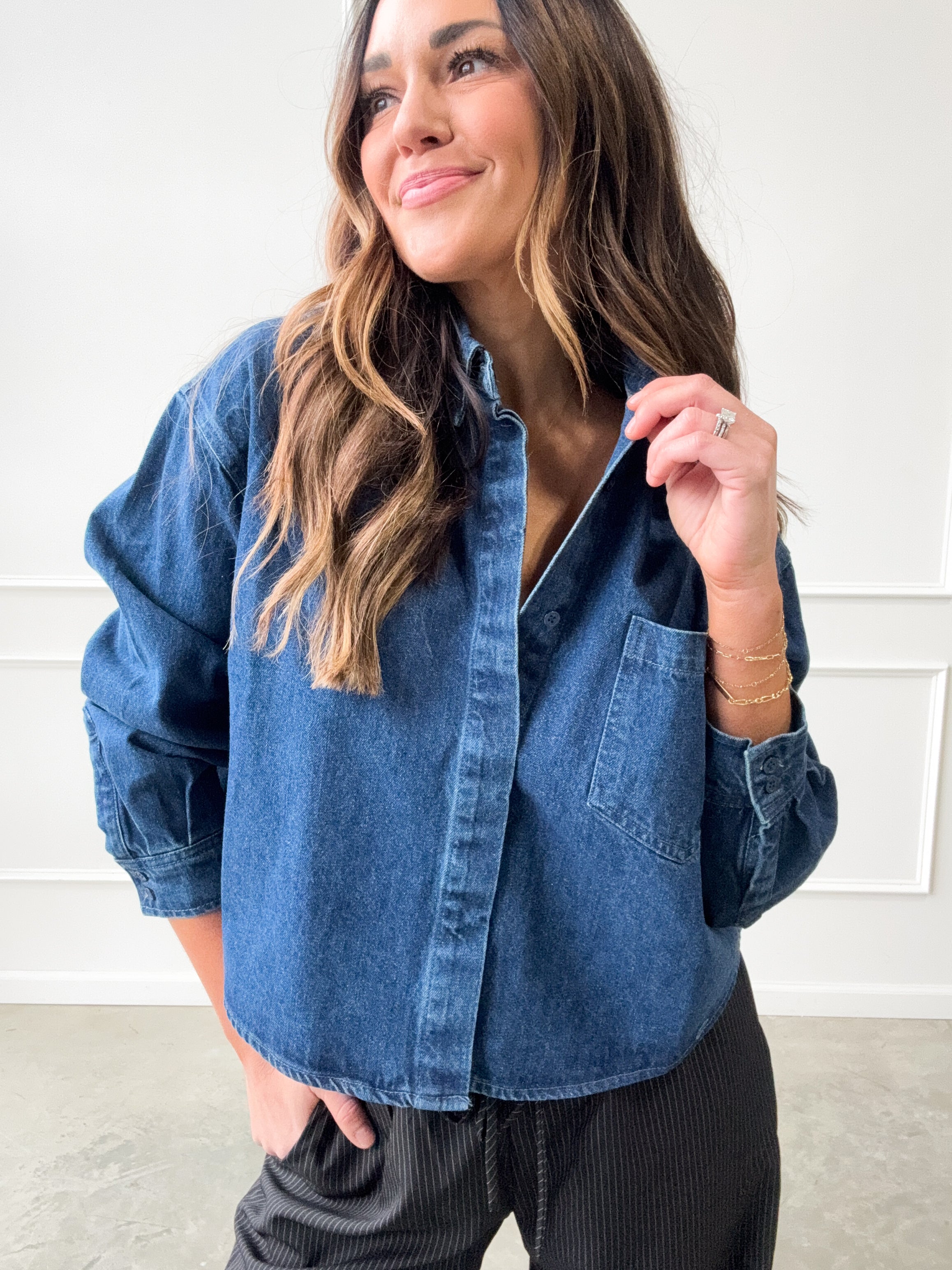 Dark Wash Cropped Denim Shirt | Elegant Women's Fashion by coolavocek