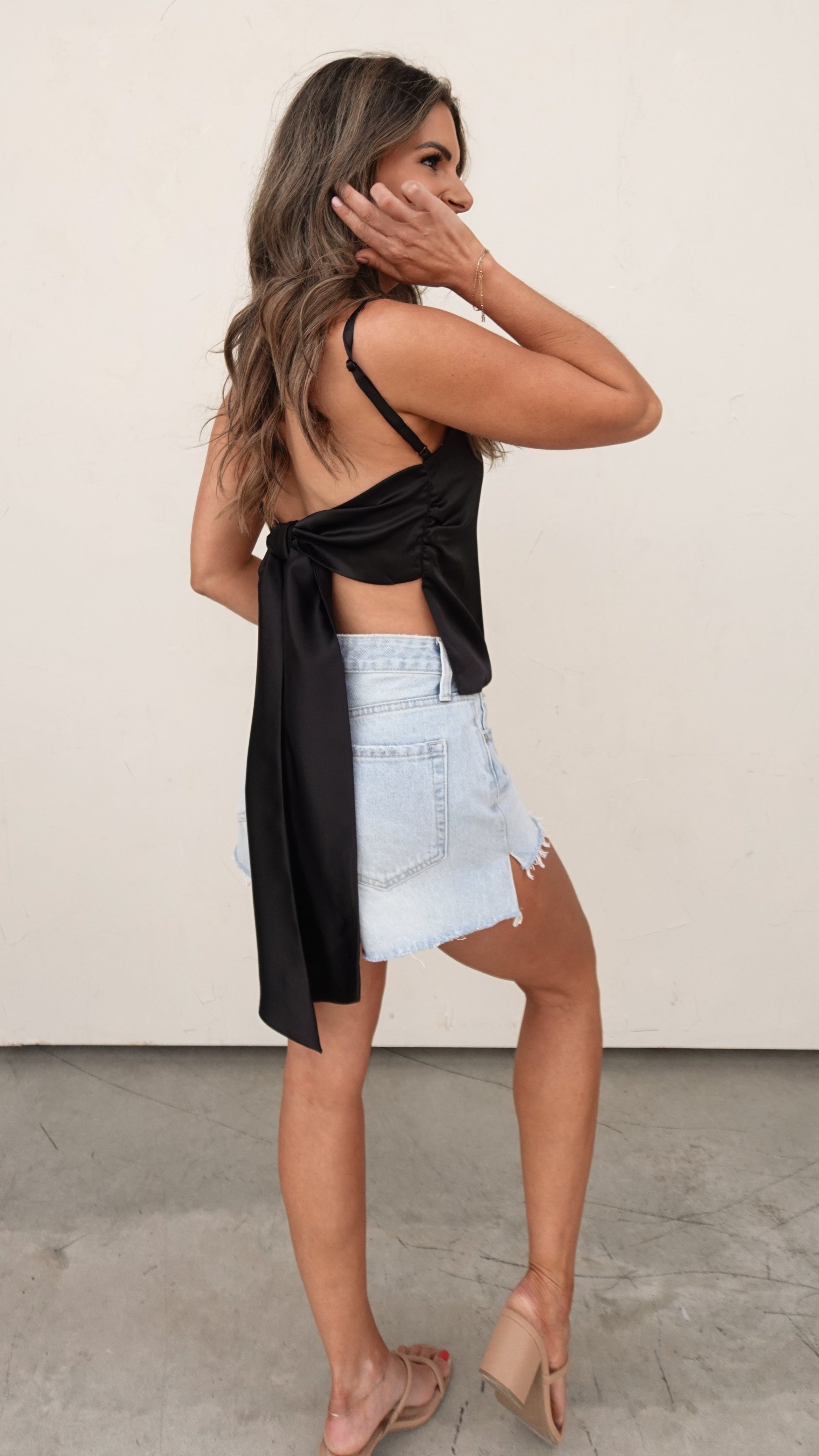 Black Satin Open-Back Top | Elegant Women's Fashion by coolavocek