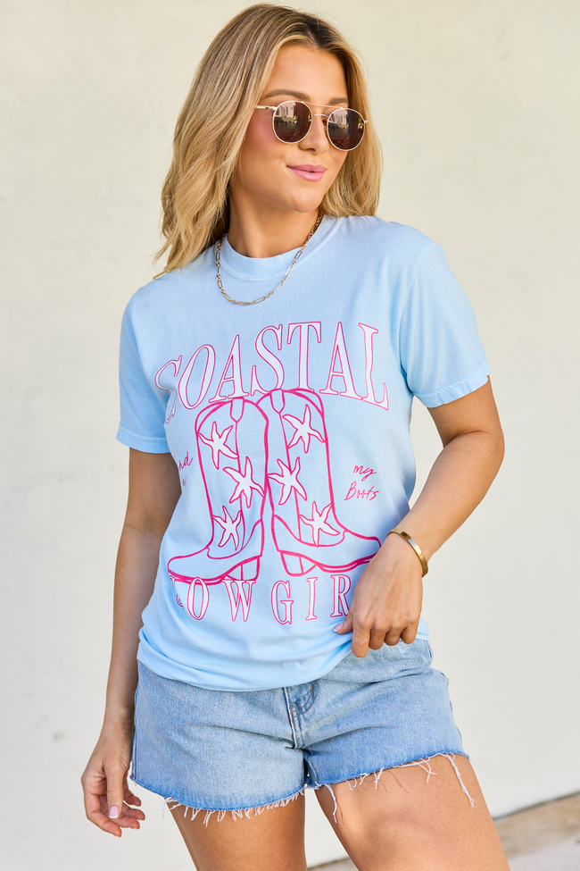Coastal Cowgirl Boots Light Blue Graphic Tee | Elegant Women's Fashion by coolavocek