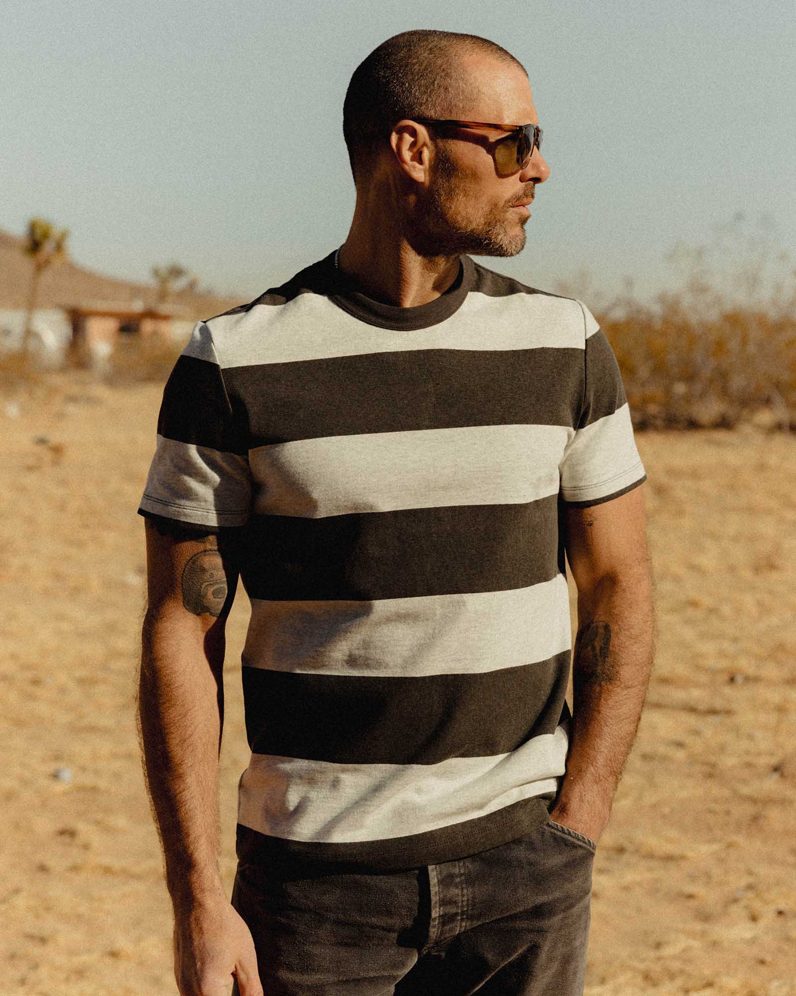 The Organic Cotton Shop Tee in Faded Black Stripe | Modern Menswear by yycbvcnbmmnbm
