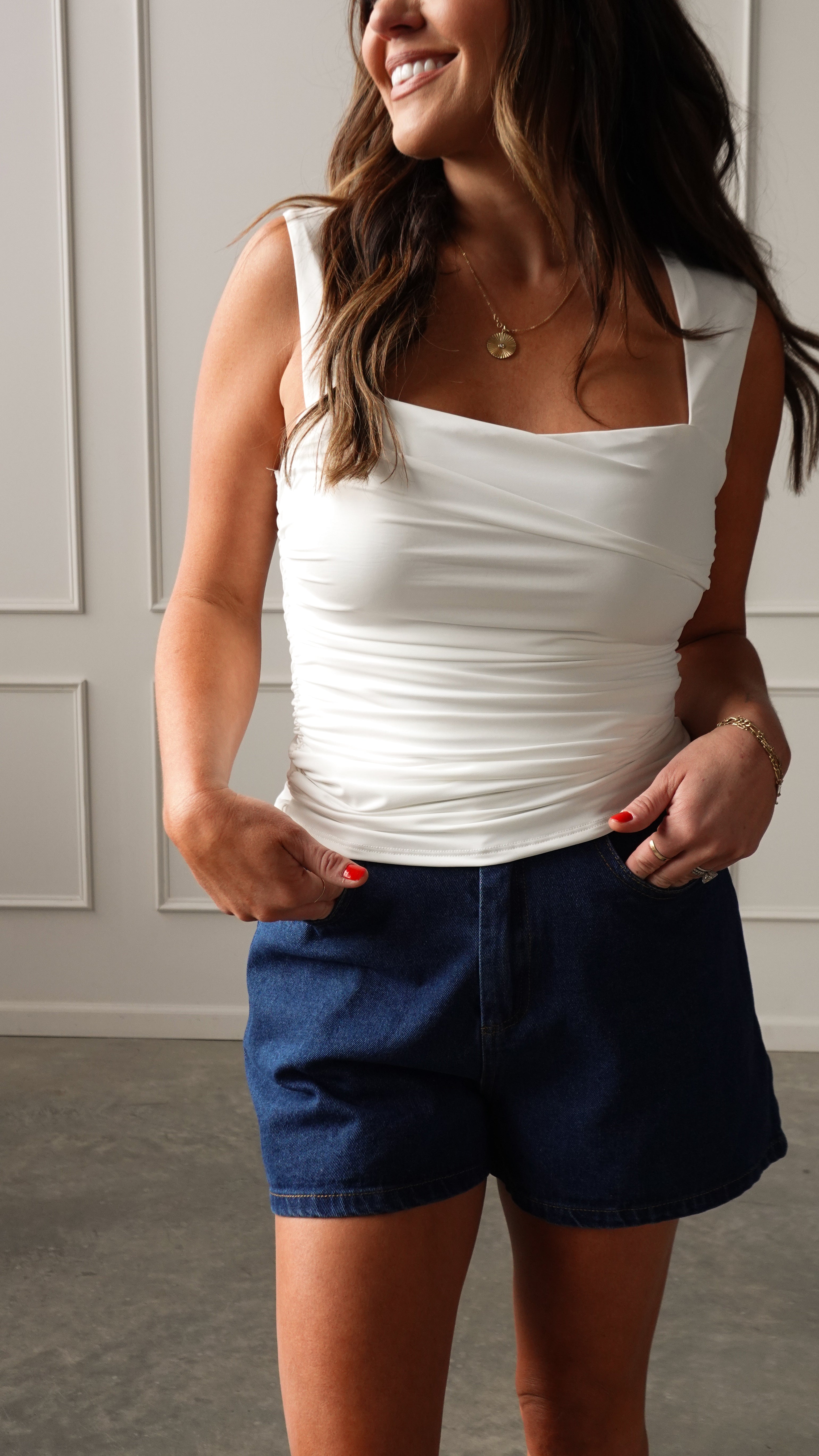 Ivory Ruched Square Neck Top | Elegant Women's Fashion by coolavocek