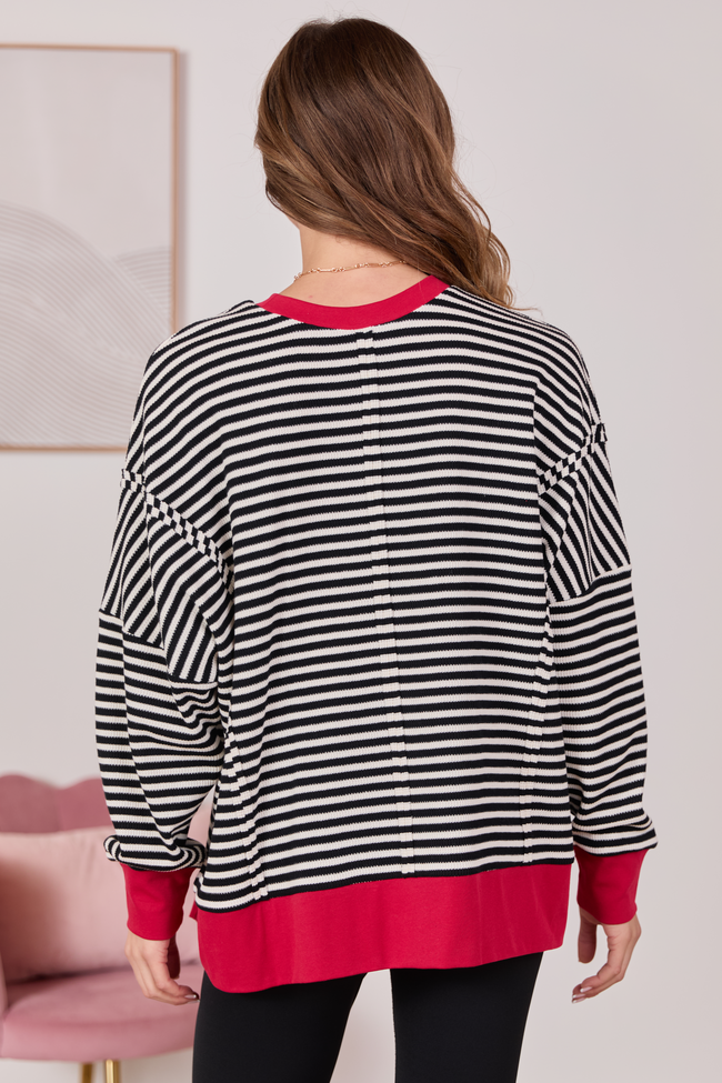 Kara Black And White Stripe Waffle Pullover | Elegant Women's Fashion by coolavocek