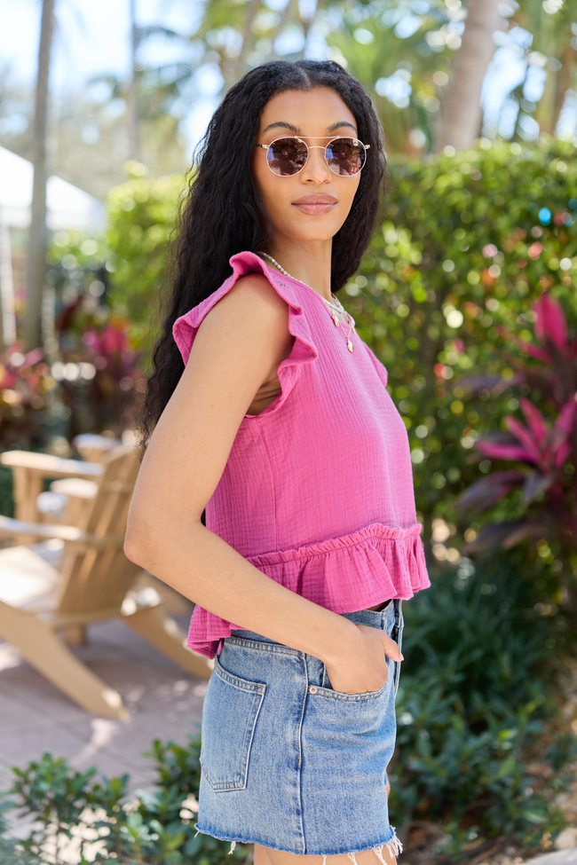 Ruby Pink Gauze Flutter Button Back Woven Blouse | Elegant Women's Fashion by coolavocek