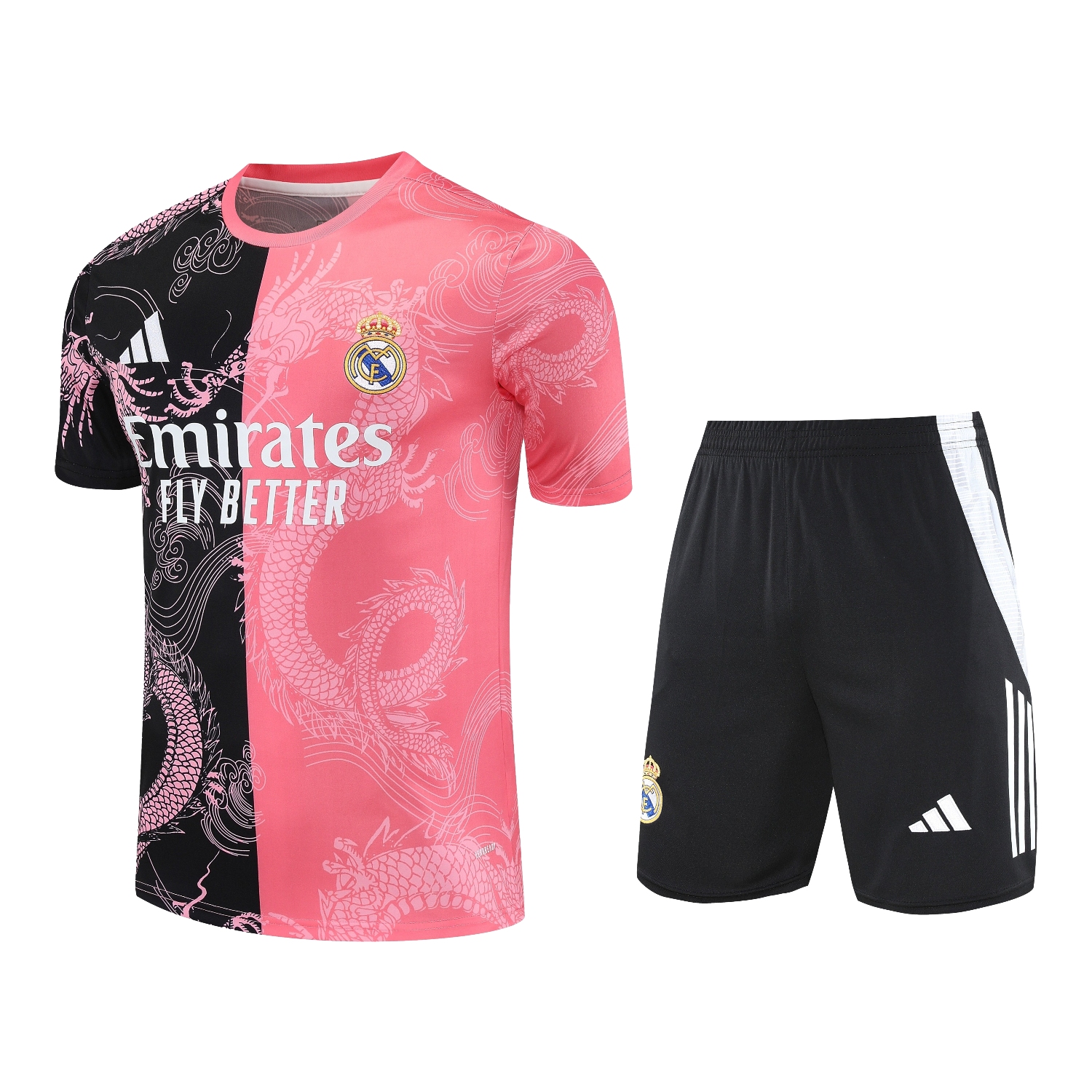 AlphaJersey-Real Madrid 25-26 Short-Sleeve Training Set - Pink-Black Dragon Top & Black-White Shorts