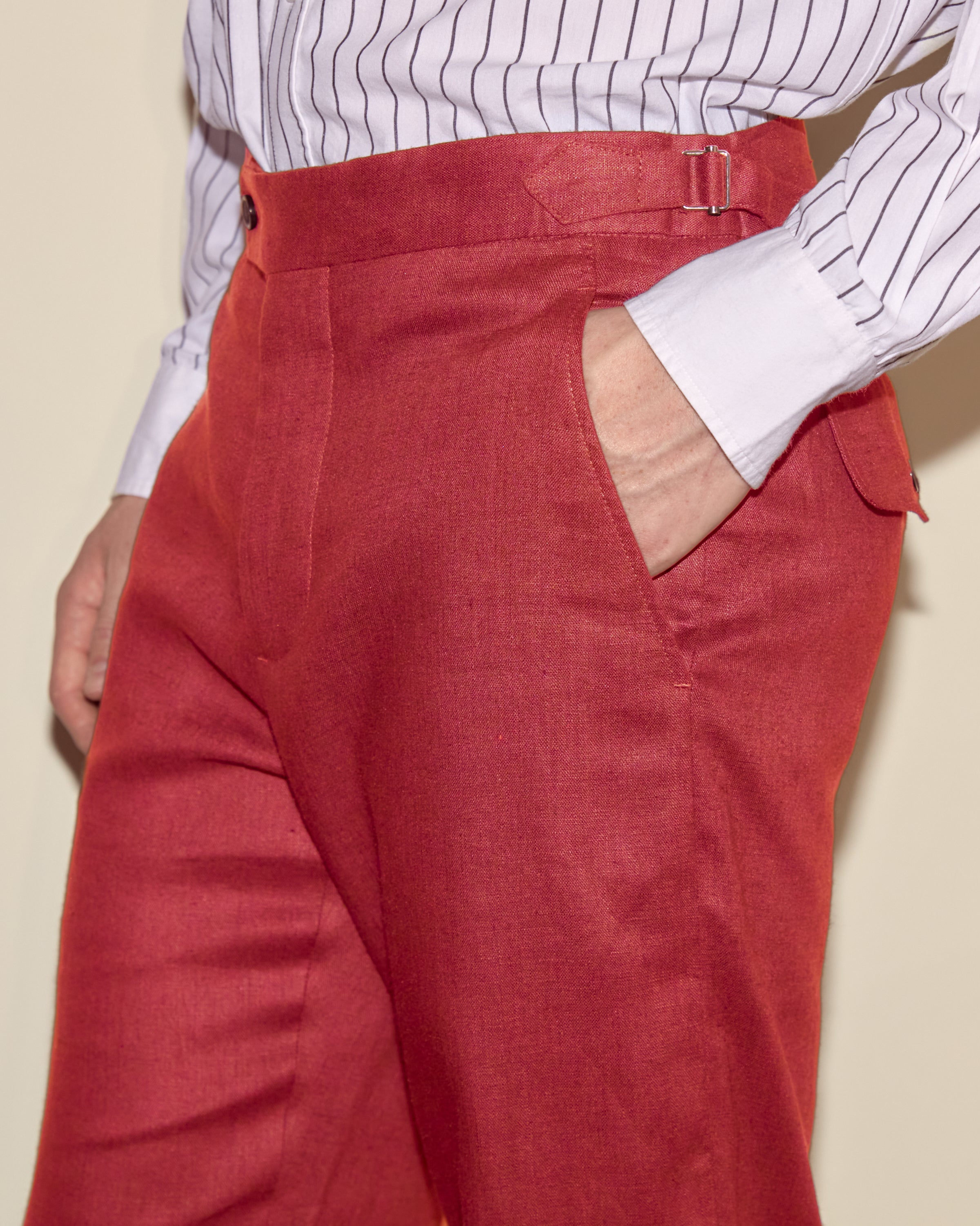 Lightweight Linen Side-Buckle Trousers - Red | Modern Menswear by yycbvcnbmmnbm