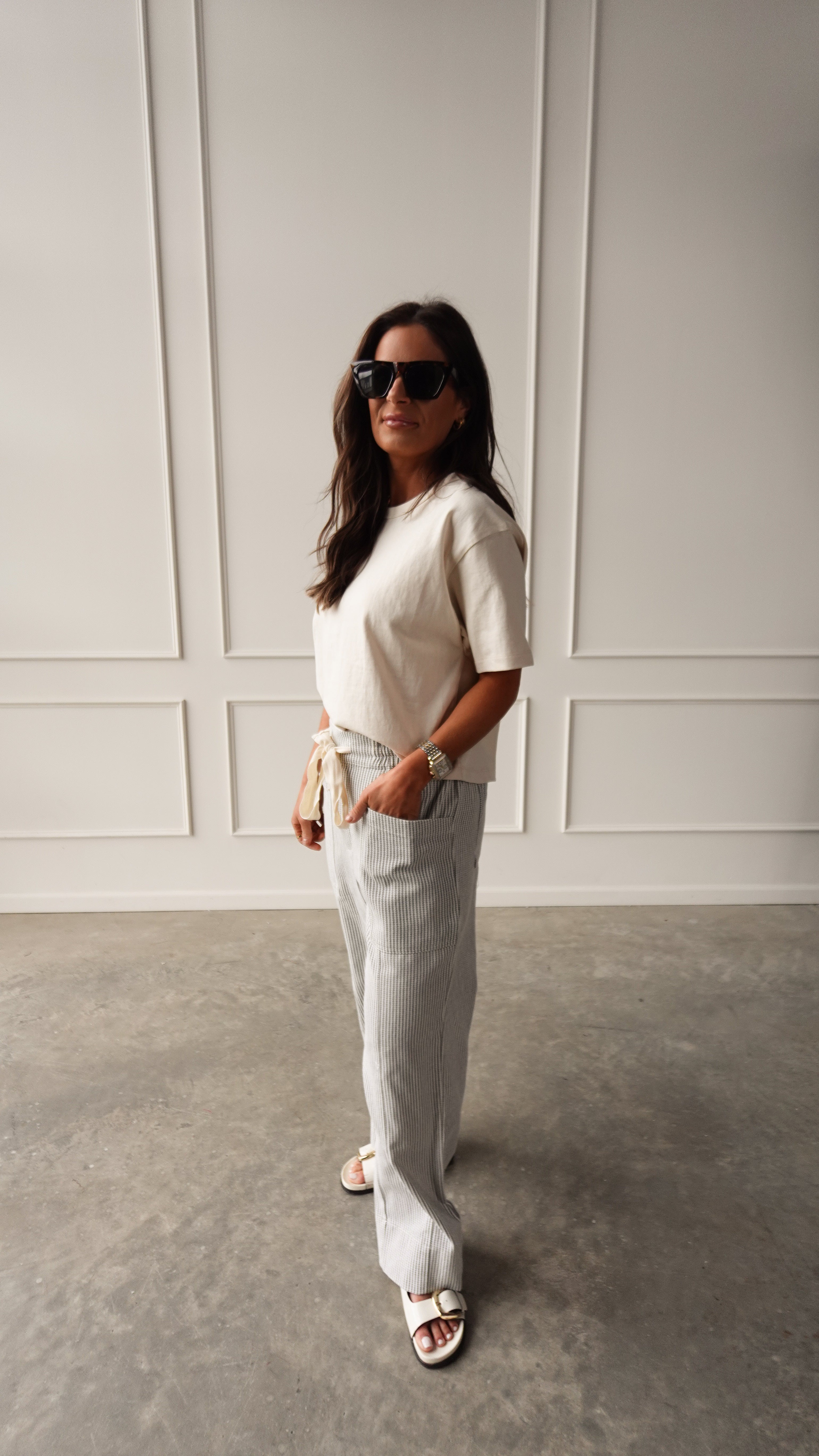 Gray Striped Drawstring Pant | Elegant Women's Fashion by coolavocek