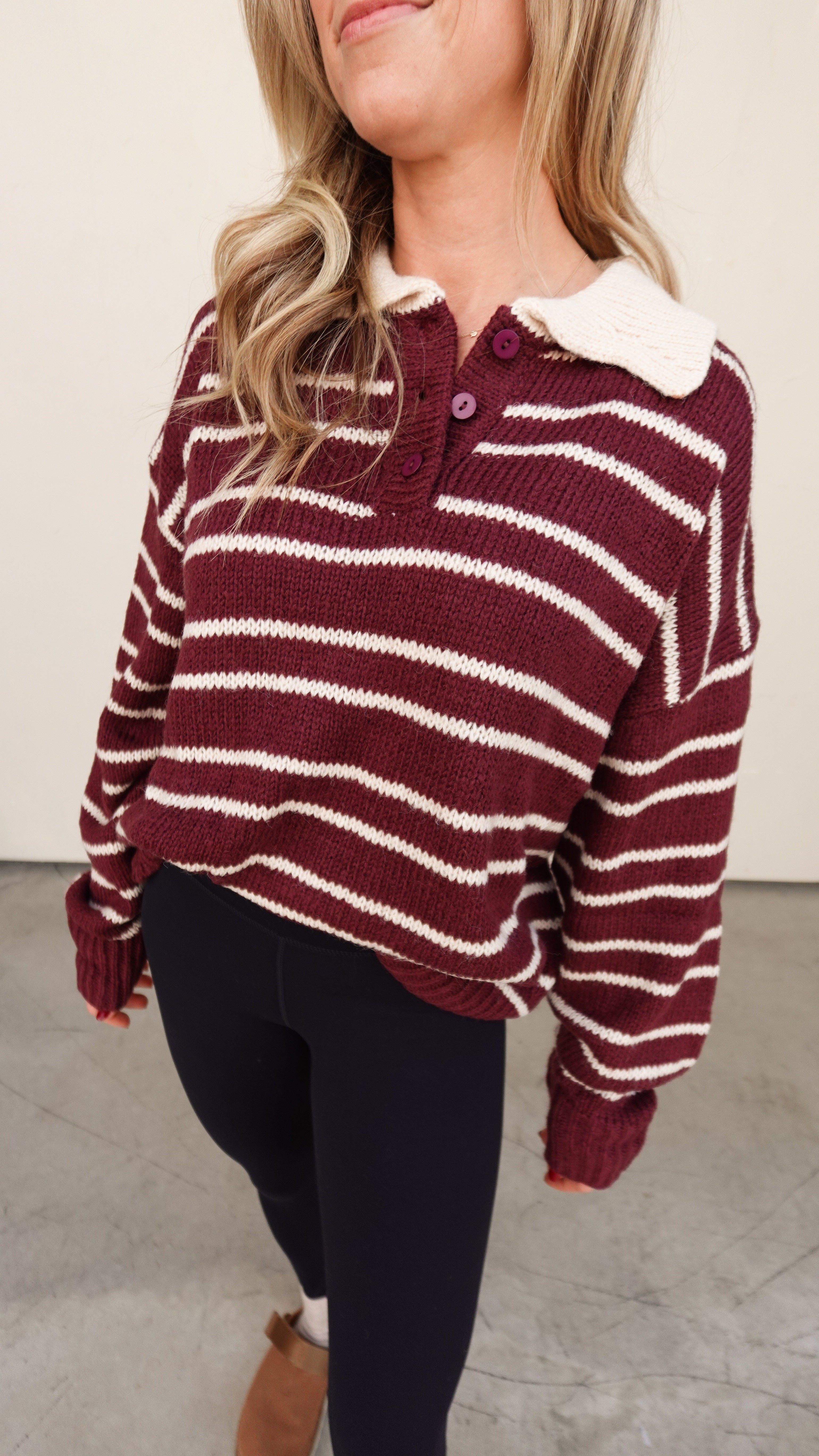 Burgundy Striped Rugby Sweater | Elegant Women's Fashion by coolavocek