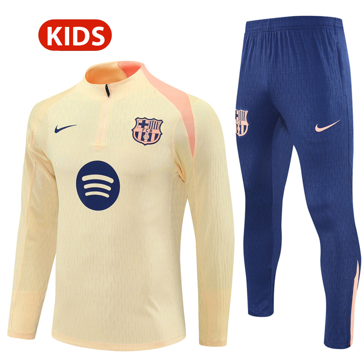 AlphaJersey-Barcelona 25-26 Kids Long Sleeve Training Set - Player Version - Light Yellow Top and Blue Pants