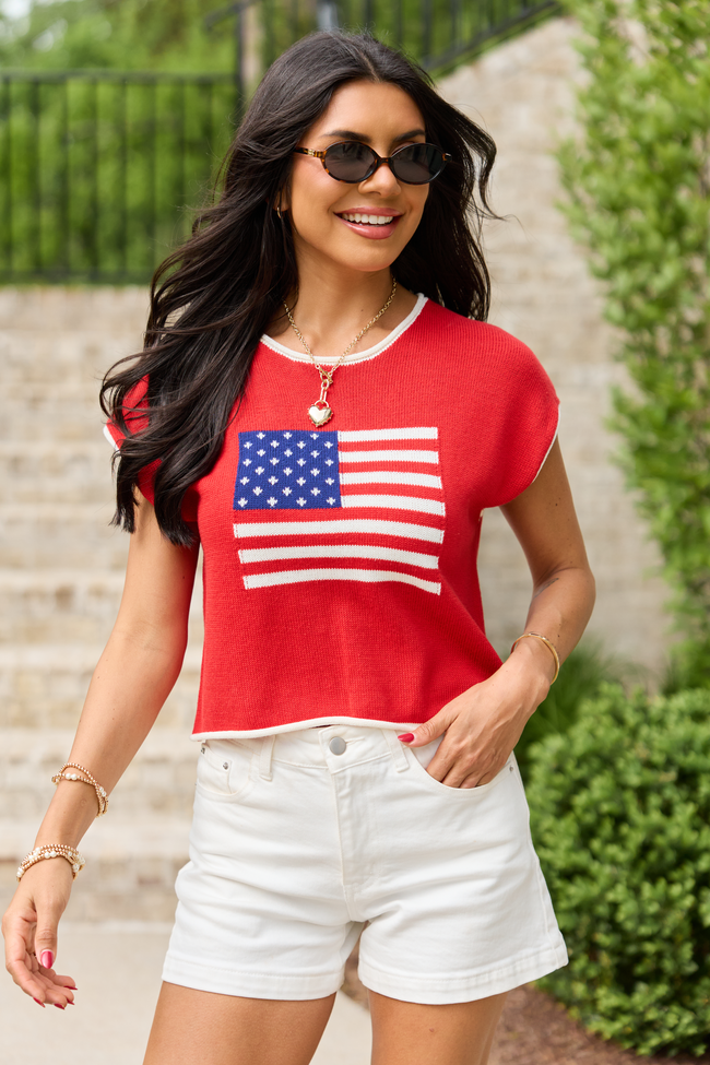 Red American Flag Sweater Top | Elegant Women's Fashion by coolavocek
