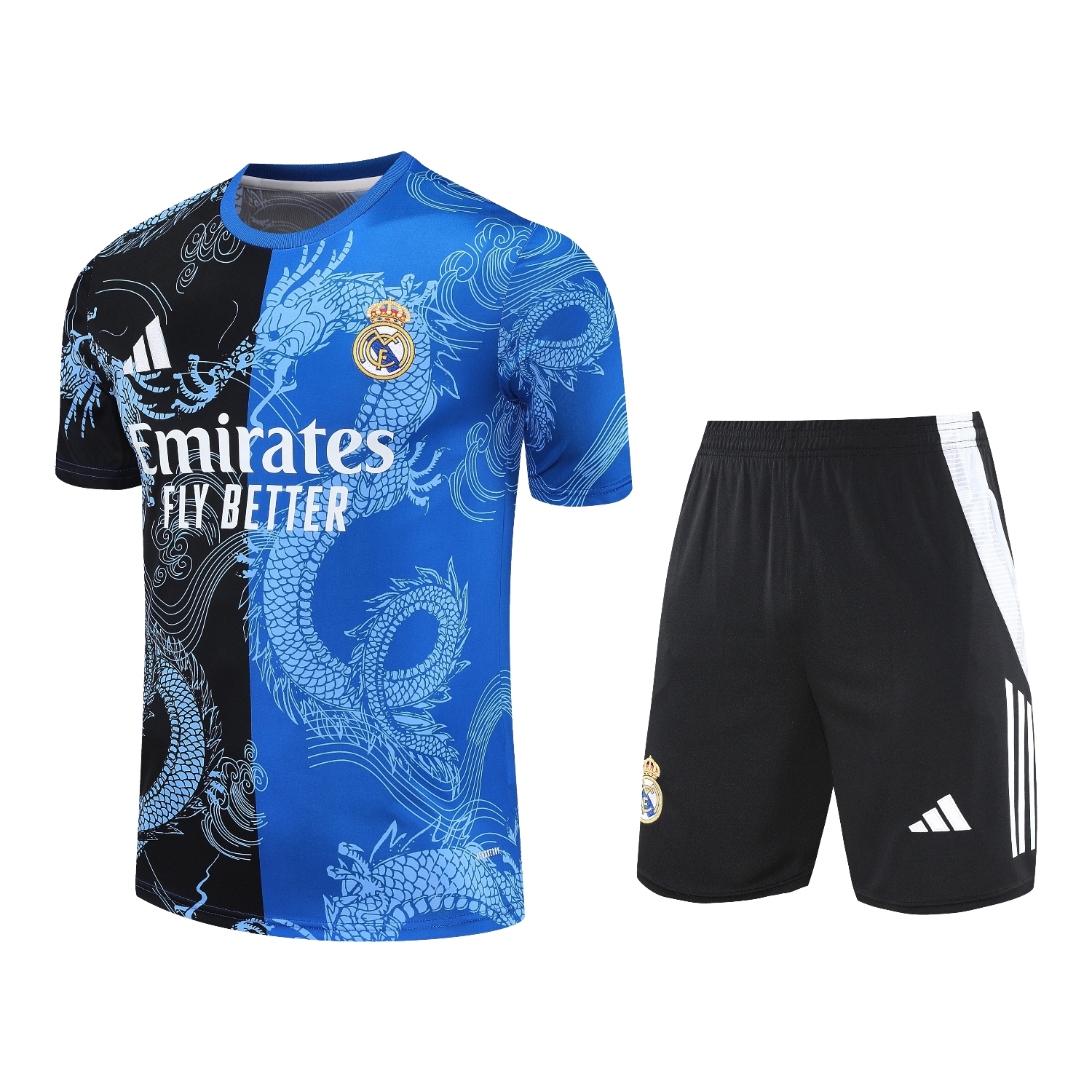 AlphaJersey-Real Madrid 25-26 Short-Sleeve Training Set - Blue Black Dragon Top & Black-White Shorts