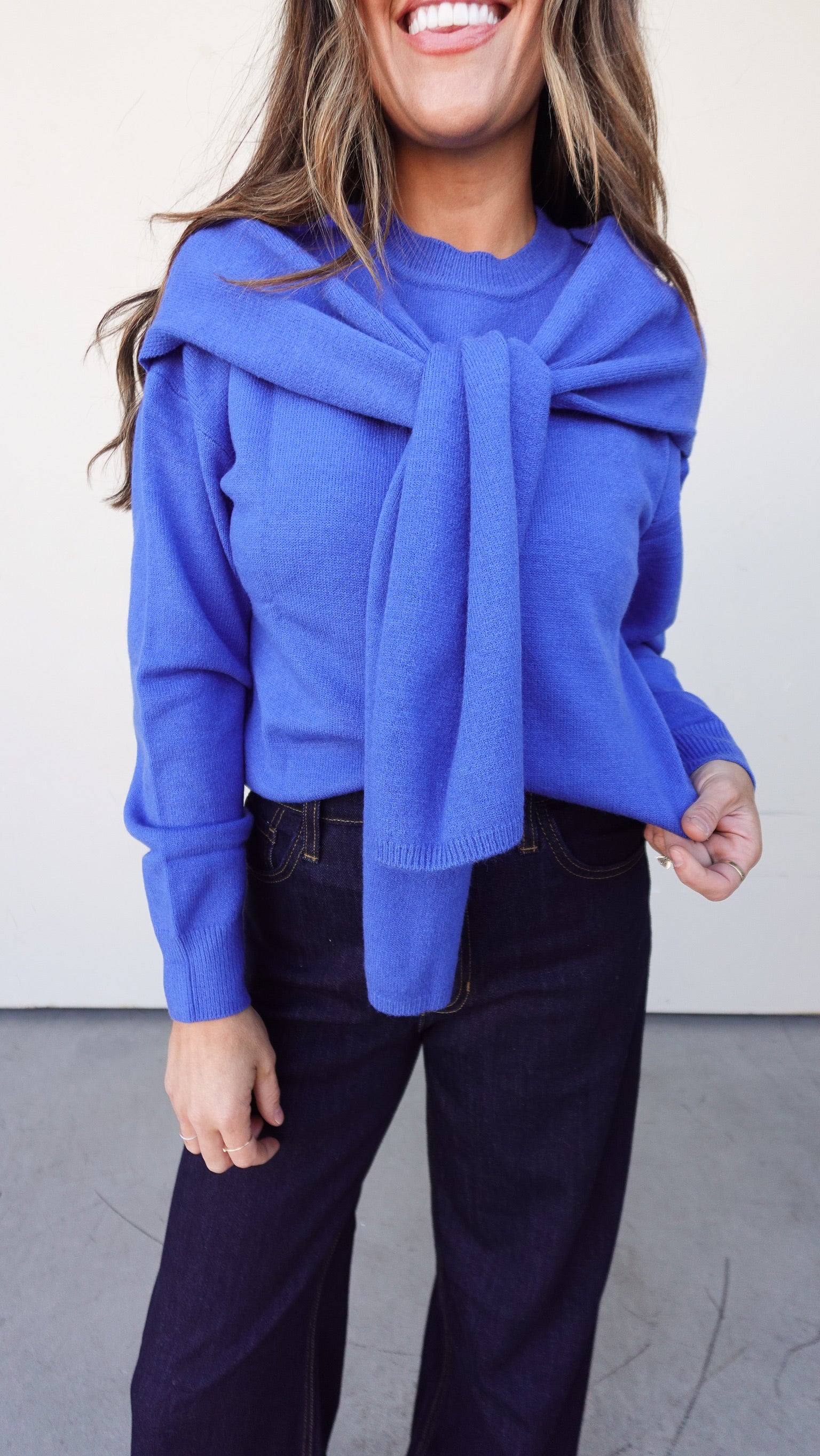 Cobalt Blue Sweater with Shoulder Draping | Elegant Women's Fashion by coolavocek