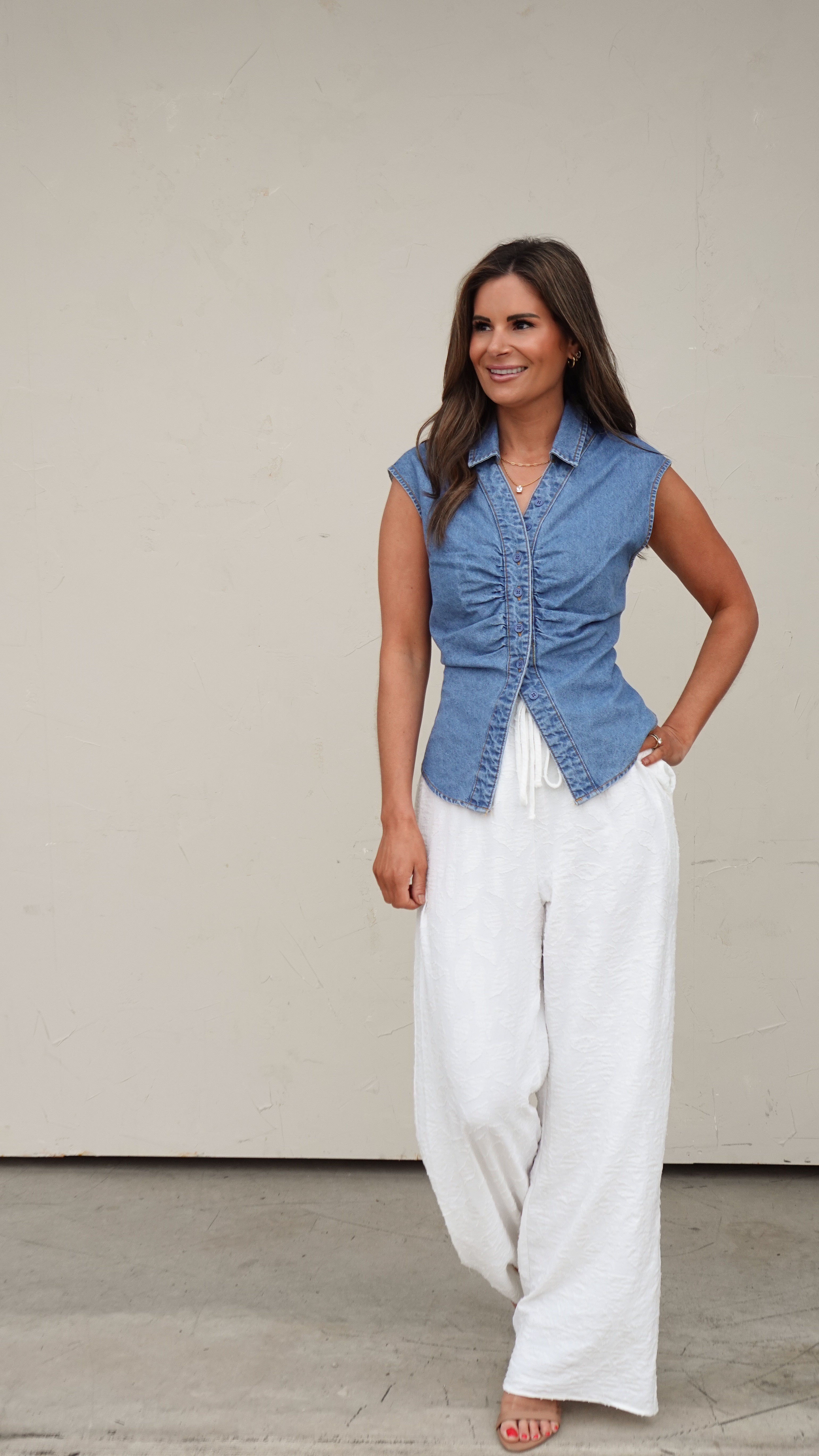 Denim Button-Front Sleeveless Top | Elegant Women's Fashion by coolavocek