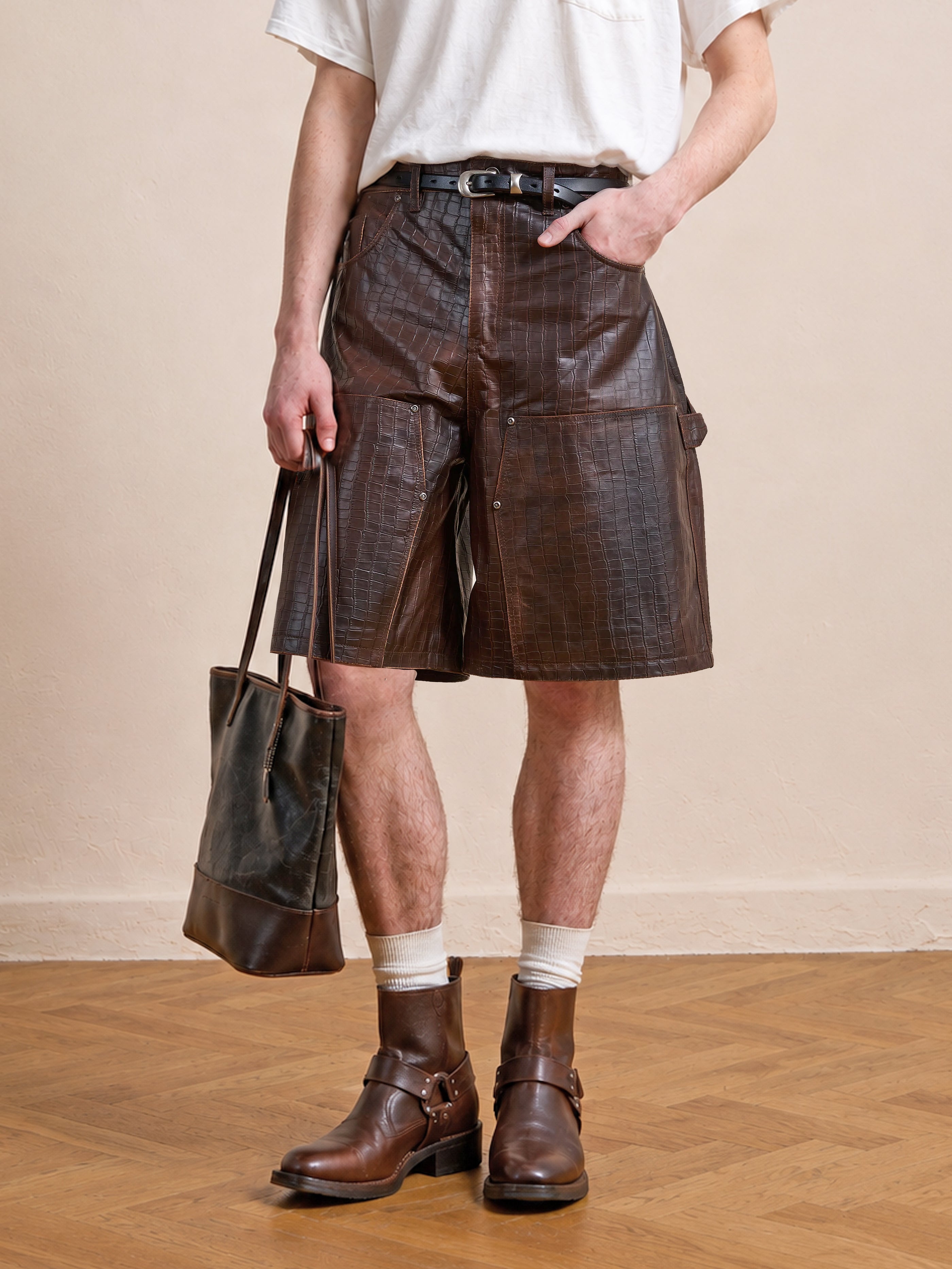 Distressed Croc Embossed Leather Shorts | Modern Menswear by yycbvcnbmmnbm