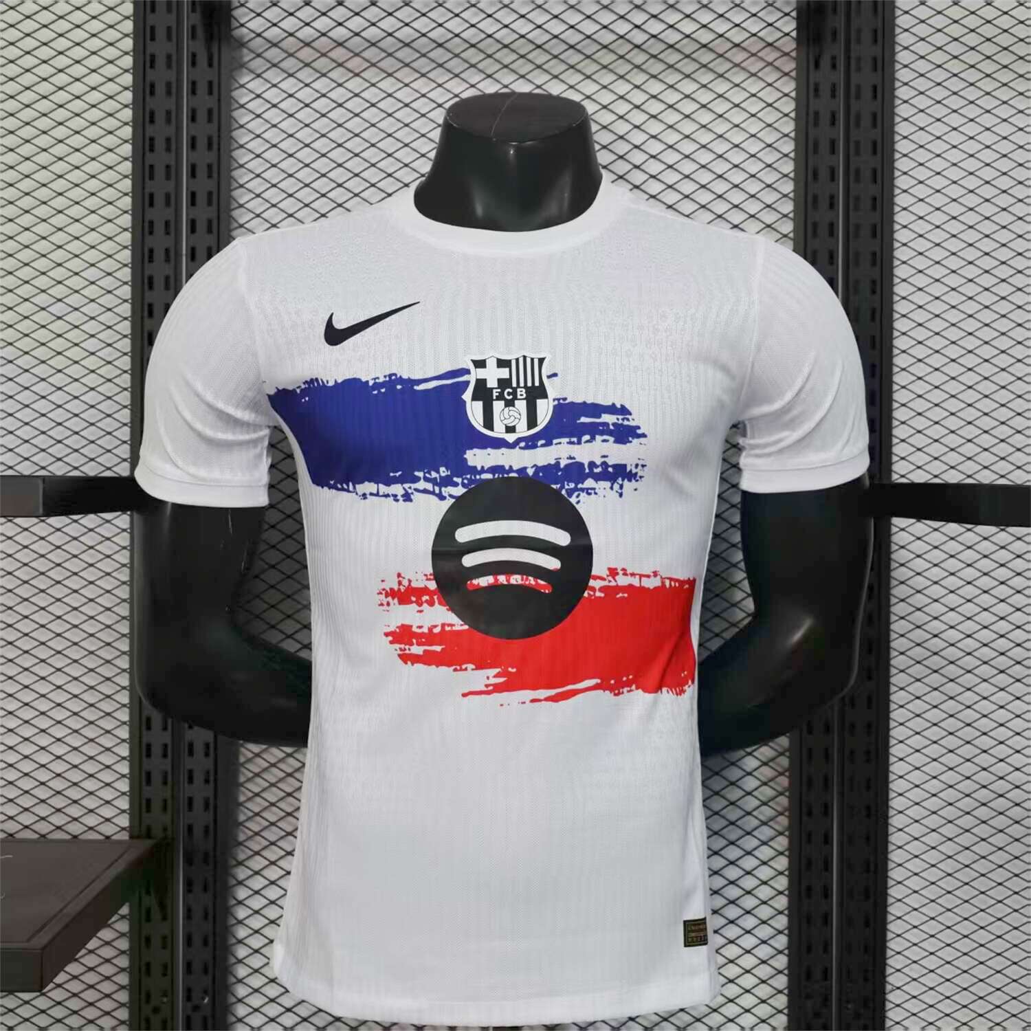 AlphaJersey-Barcelona 25-26 White Jersey with Red Blue Ink Horizontal Stripes Jersey - Player Version