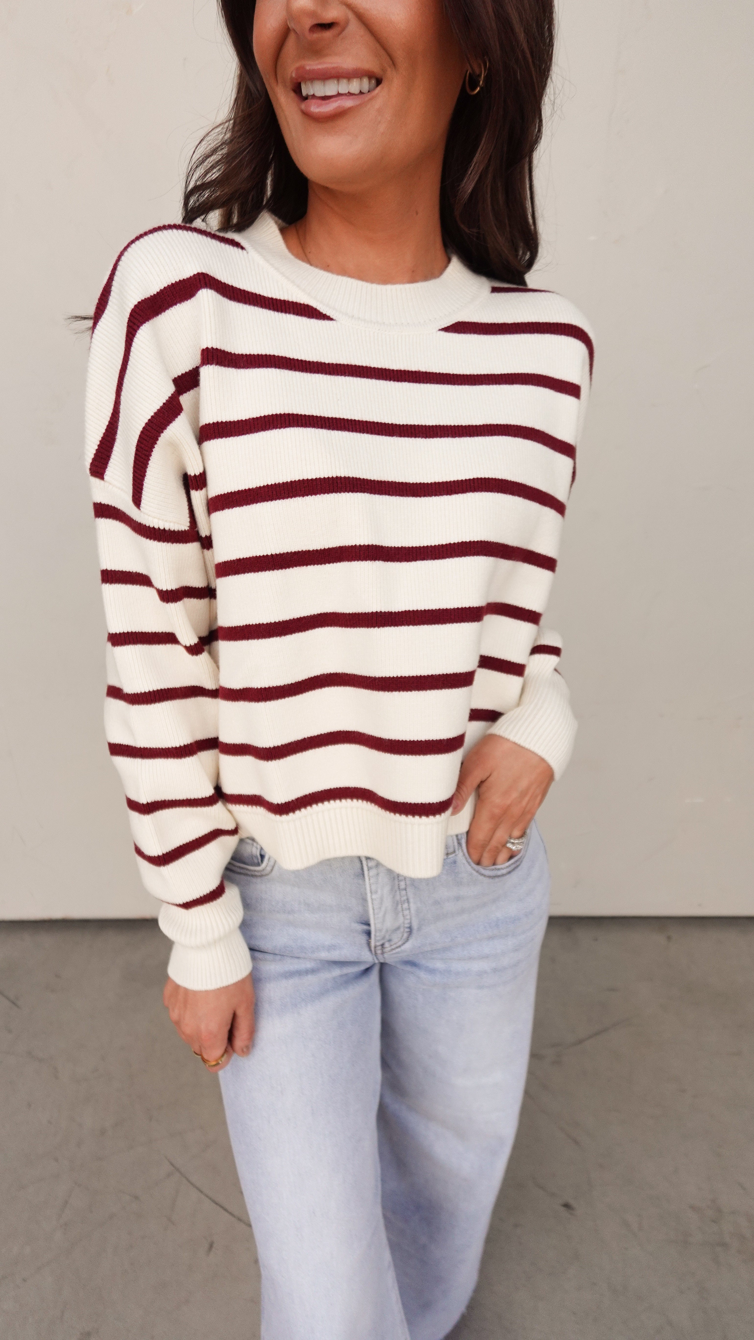 Ivory/Burgundy Striped Sweater | Elegant Women's Fashion by coolavocek