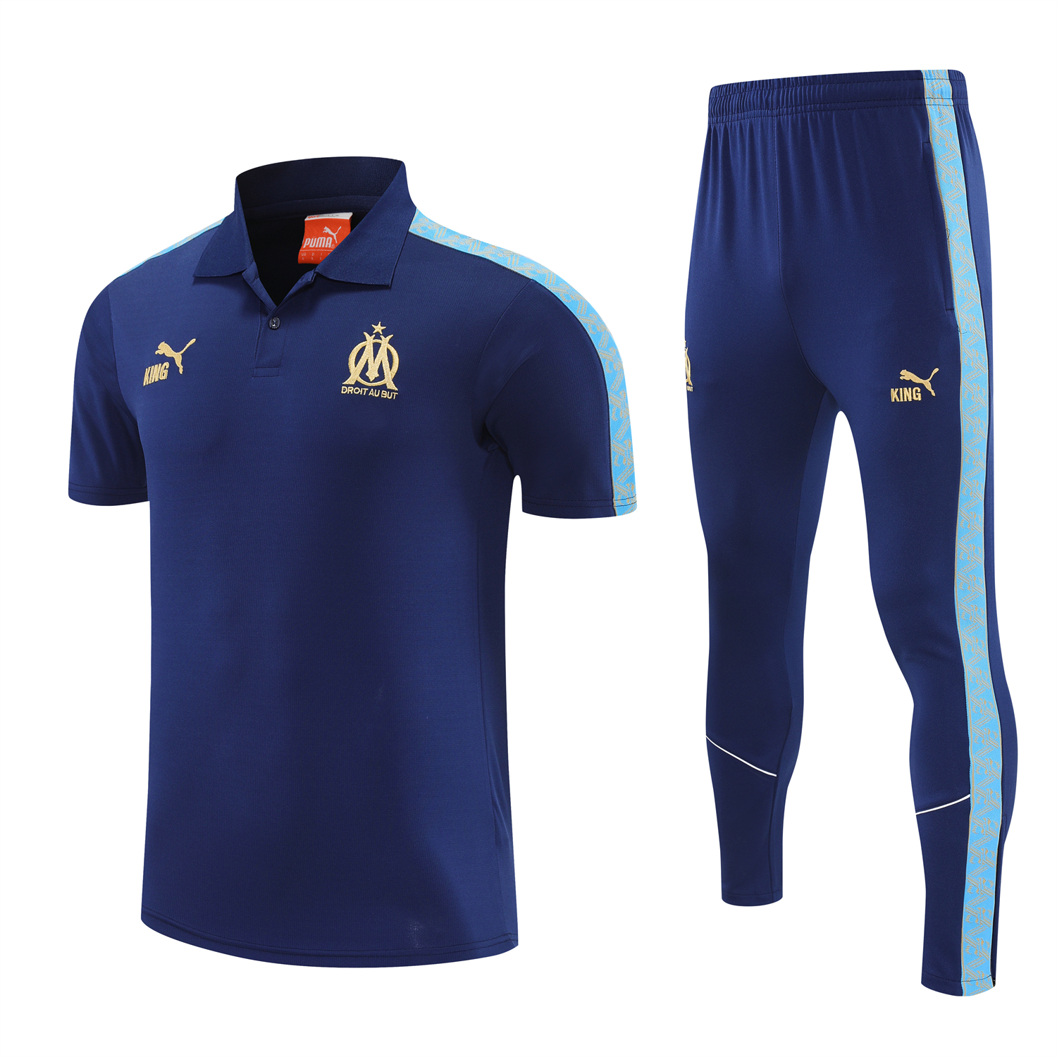 AlphaJersey-Marseille 25-26 POLO Short-Sleeve Training Set - Dark Blue Top and Pants