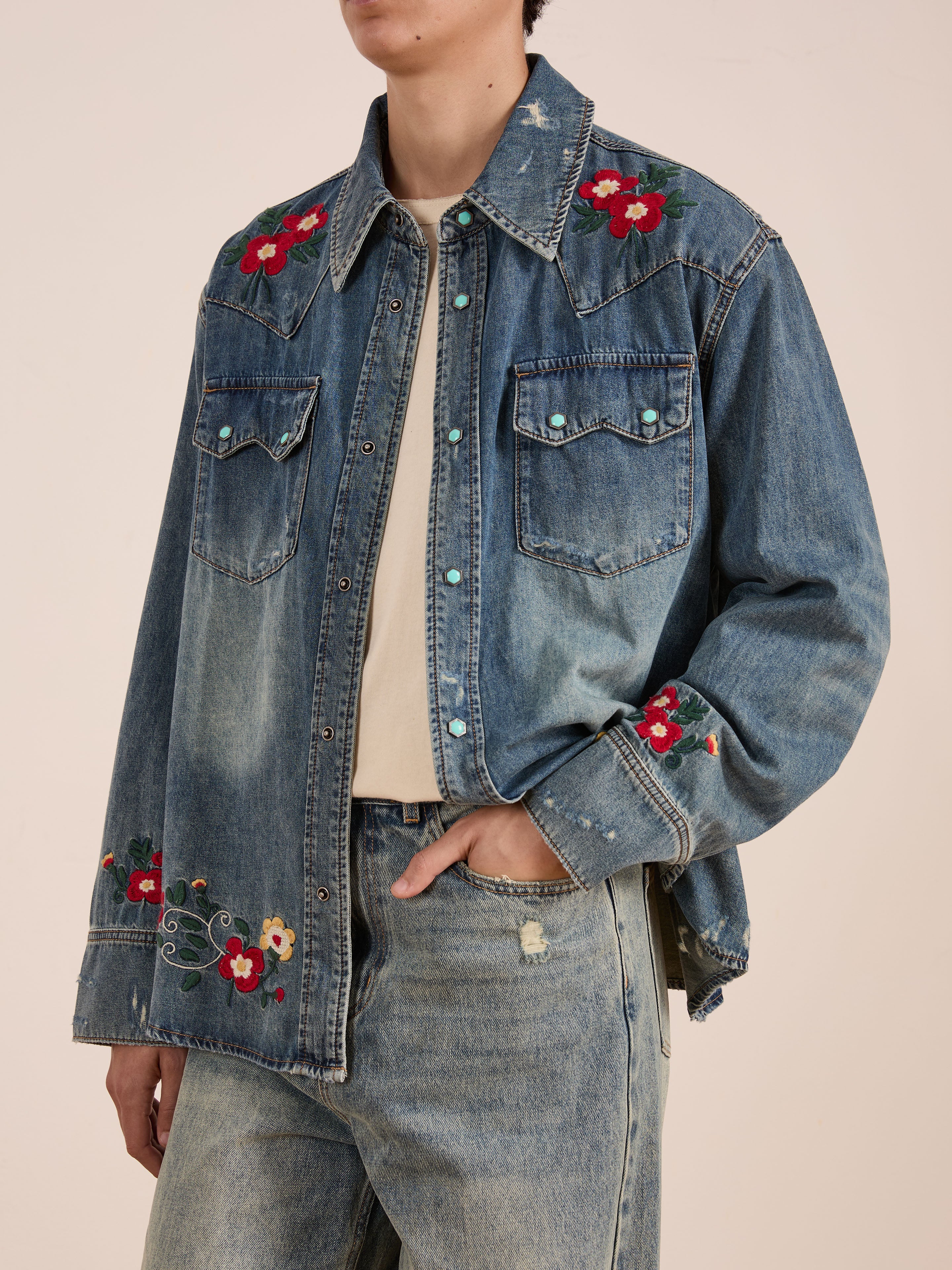 Floral Embroidered Western Denim Shirt | Modern Menswear by yycbvcnbmmnbm