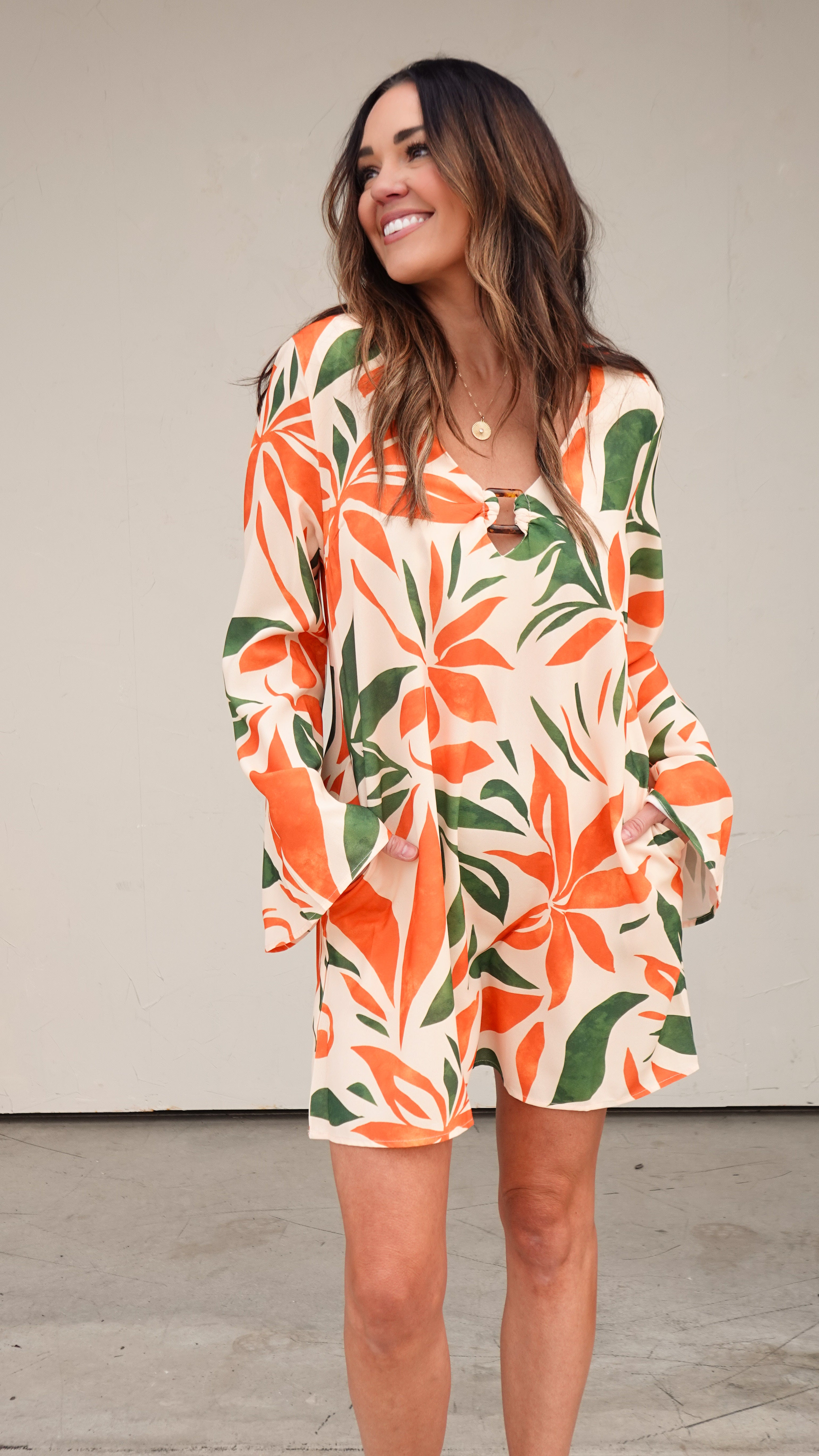 Orange/Green Botanical Long Sleeve Dress | Elegant Women's Fashion by coolavocek