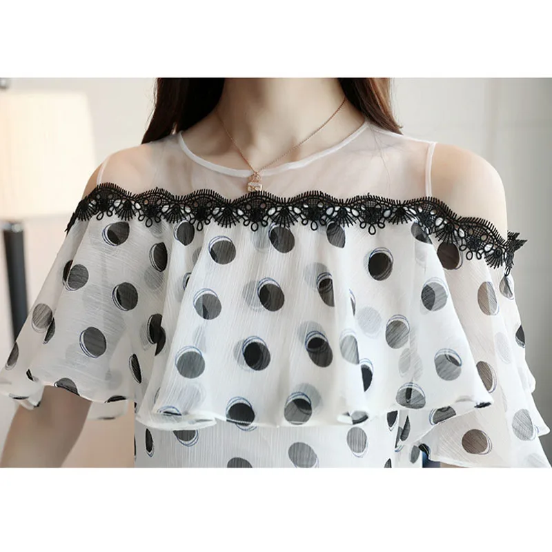 Summer Fashion Shirts Women Elegant Short Sleeve Lady Tops Sweet Polka Dot Chiffon White Blouse Casual Loose Clothes Blusas 0611