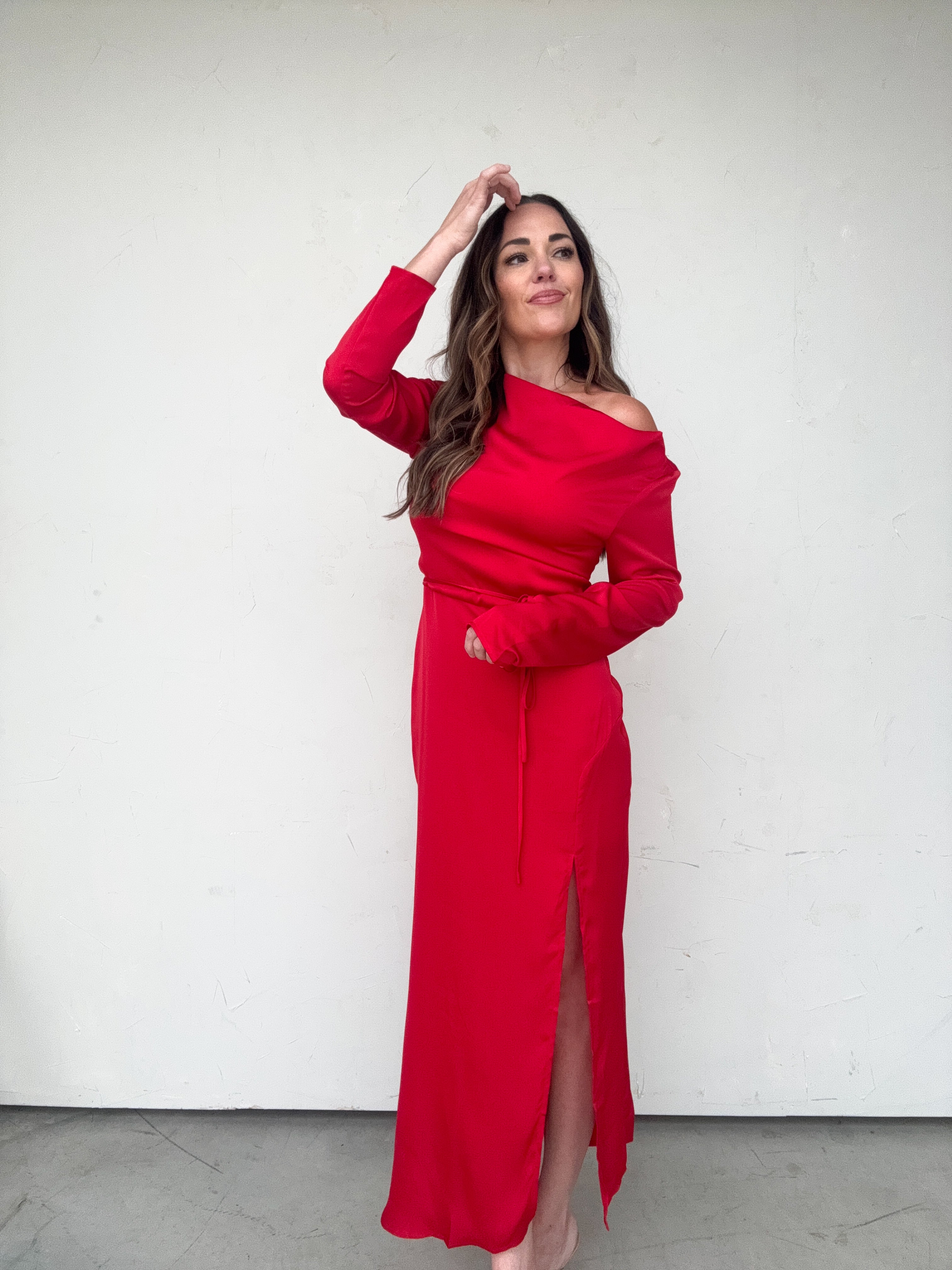 Red Long Sleeve One Shoulder Dress | Elegant Women's Fashion by coolavocek