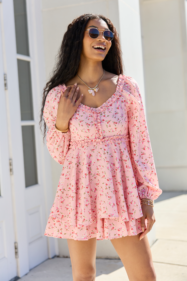 Farah Pink Floral Ruffle Trim Romper SALE | Elegant Women's Fashion by coolavocek